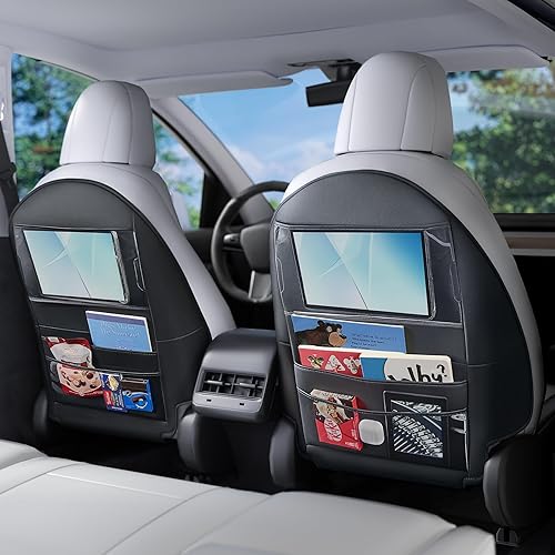 SPEMER 2PCS 2025 Upgraded Leather Seat Back Kick Protector Compatible for Tesla Model 3/Y/S/X, Car Kick Mats with Transparent Touch Screen Tablet Holder and Storage Pockets, Black (Set of 2)