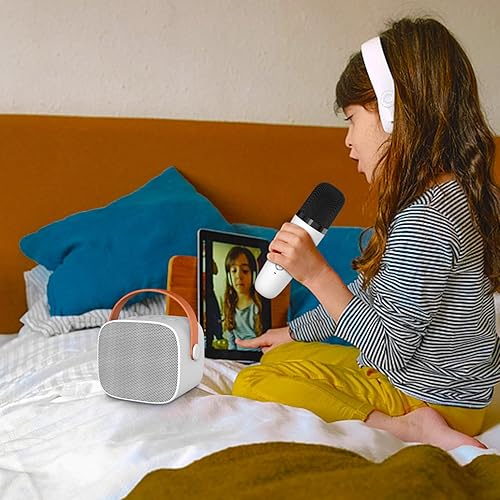 Miniatura 4 de Mini máquina de karaoke, altavoz Bluetooth portátil con 2 micrófonos inalámbricos para niños y adultos con luces LED, regalos para niñas y niños,