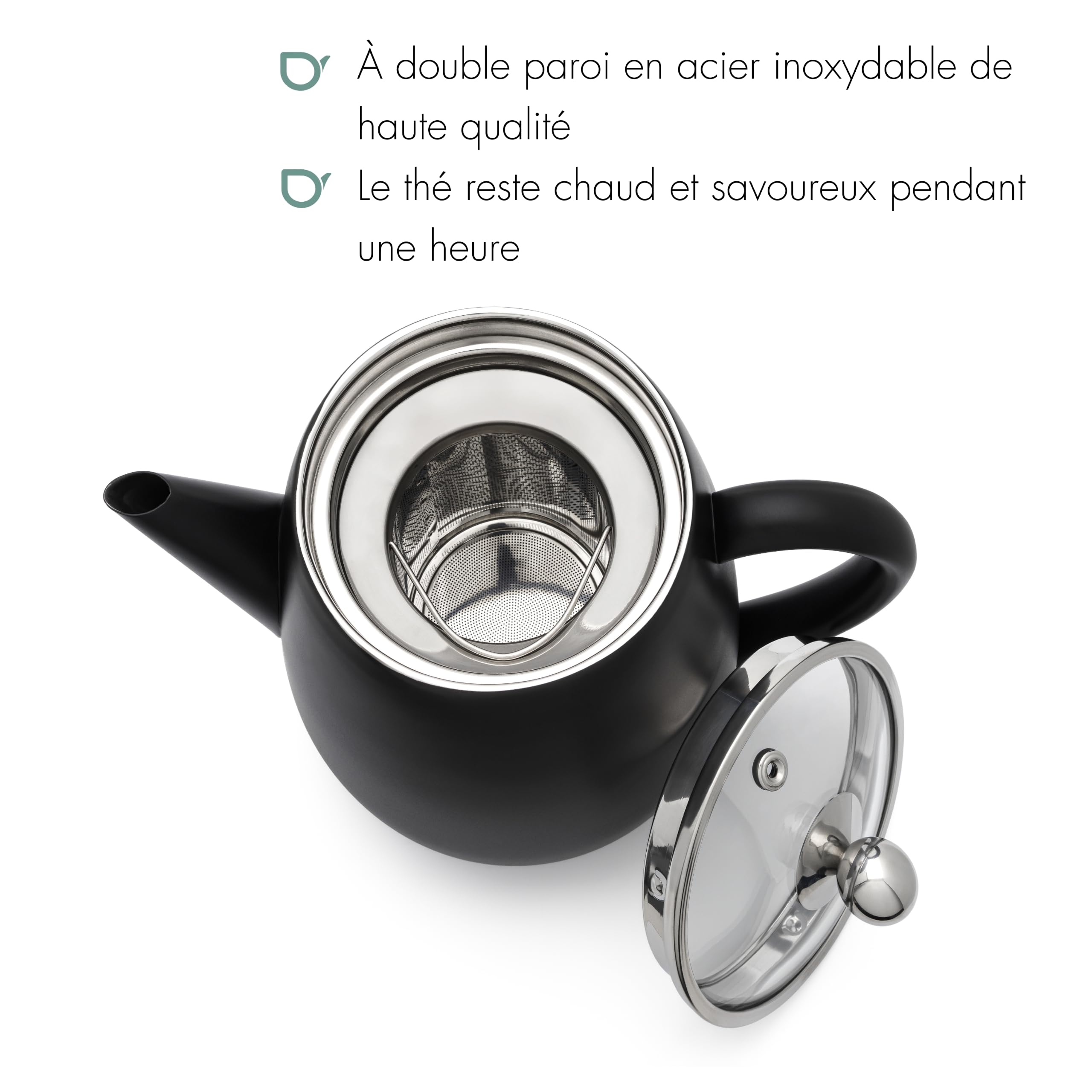Bredemeijer Theiere Avec Infuseur, Filtre à Thé Inox, 1,1 Litres - Noir | Théière avec Infuseur Double Paroi, Théière Isotherme 1h, Couvercle en Verre, Filtre à Thé et Bec Anti-Goutte