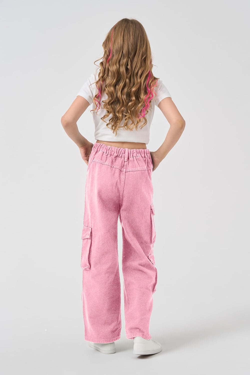 AOWKULAE Girls Jeans Elastic Waist Wide Leg Pants Kids Jeans 4-14 Years 8-9 Years D1-pink image 5 of 5 B0DHX1GJ2V