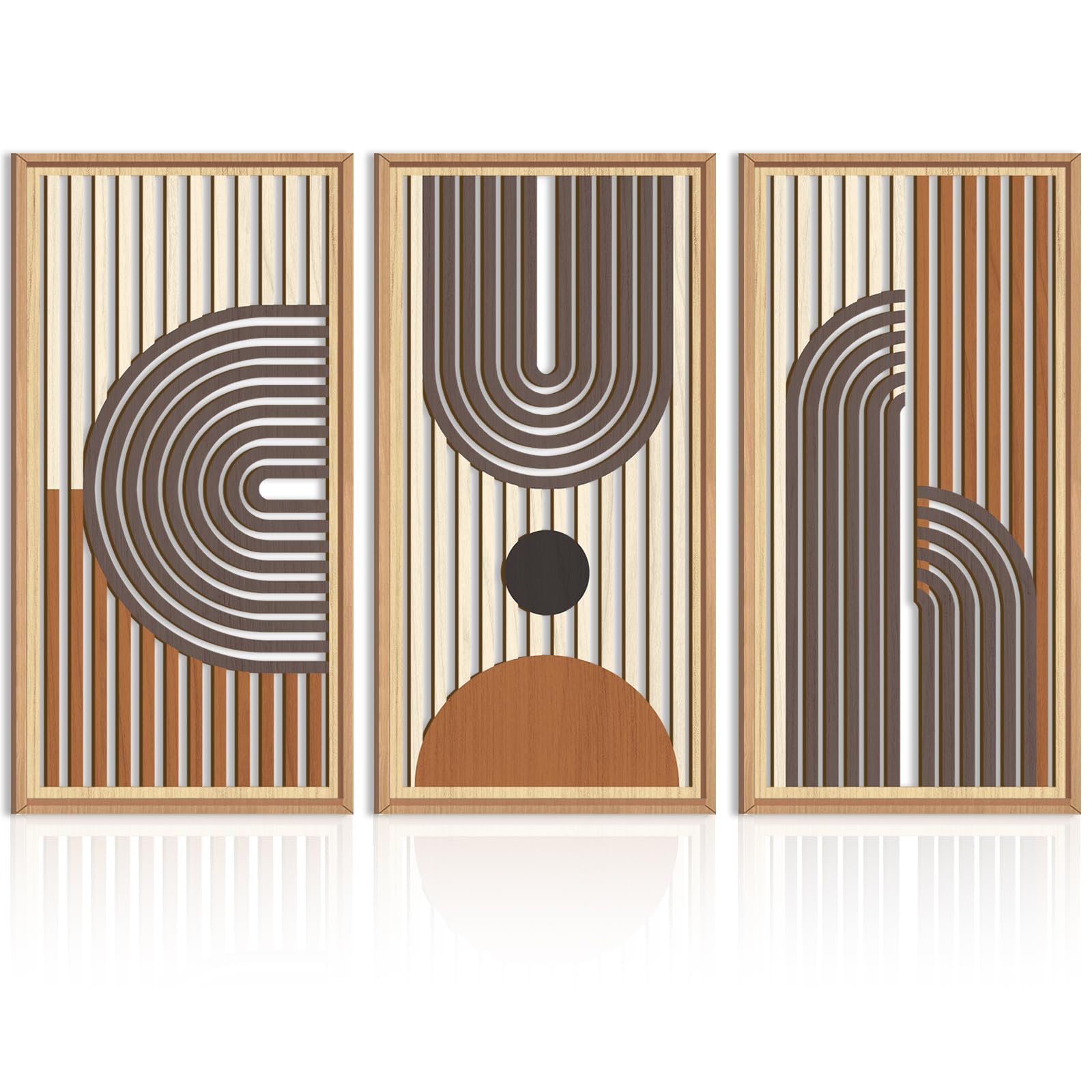 IARTTOP Large Mid Century Modern Wall Art Framed Abstract Geometric Wall Art Set of 3 Wood Boho Wall Decor for Living Room Bedroom Office 16 x32 Inch
