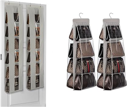 Lirex 2 Pack 8-Pocket Hanging Handbag Organize and 6-Pocket Over The Door Purse Organizer for Closet Bundle, Grey