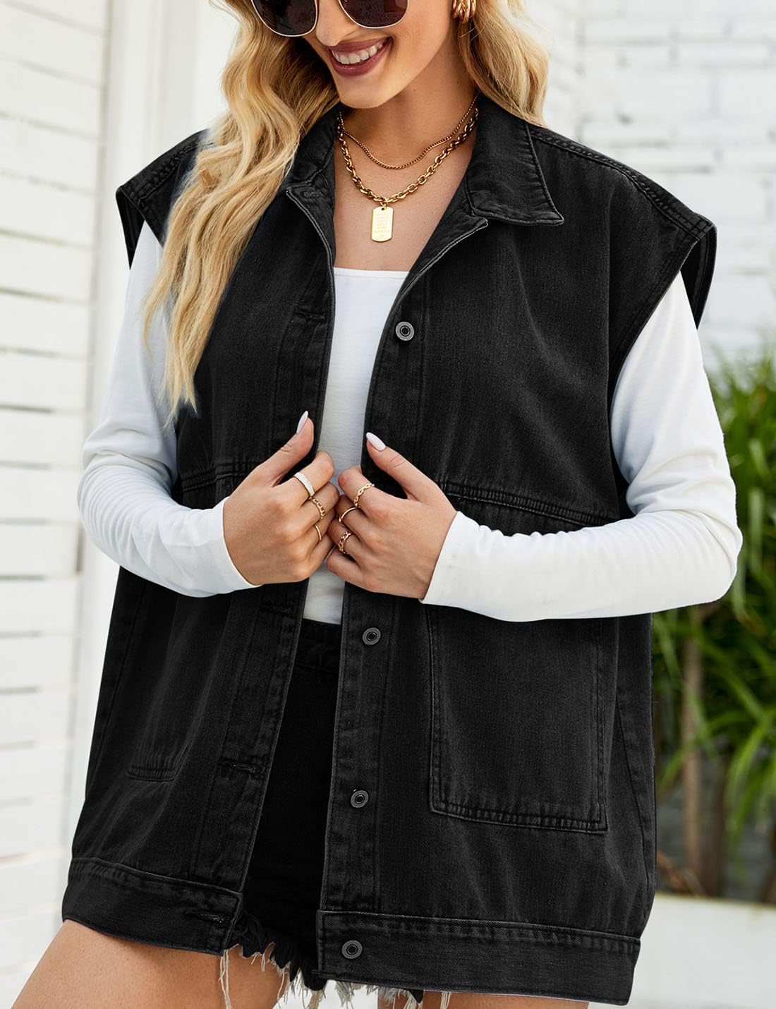 PAODIKUAI Women's Oversized Denim Vest Mid Long Jean Vest Sleeveless Jackets Distressed Vest Cotton