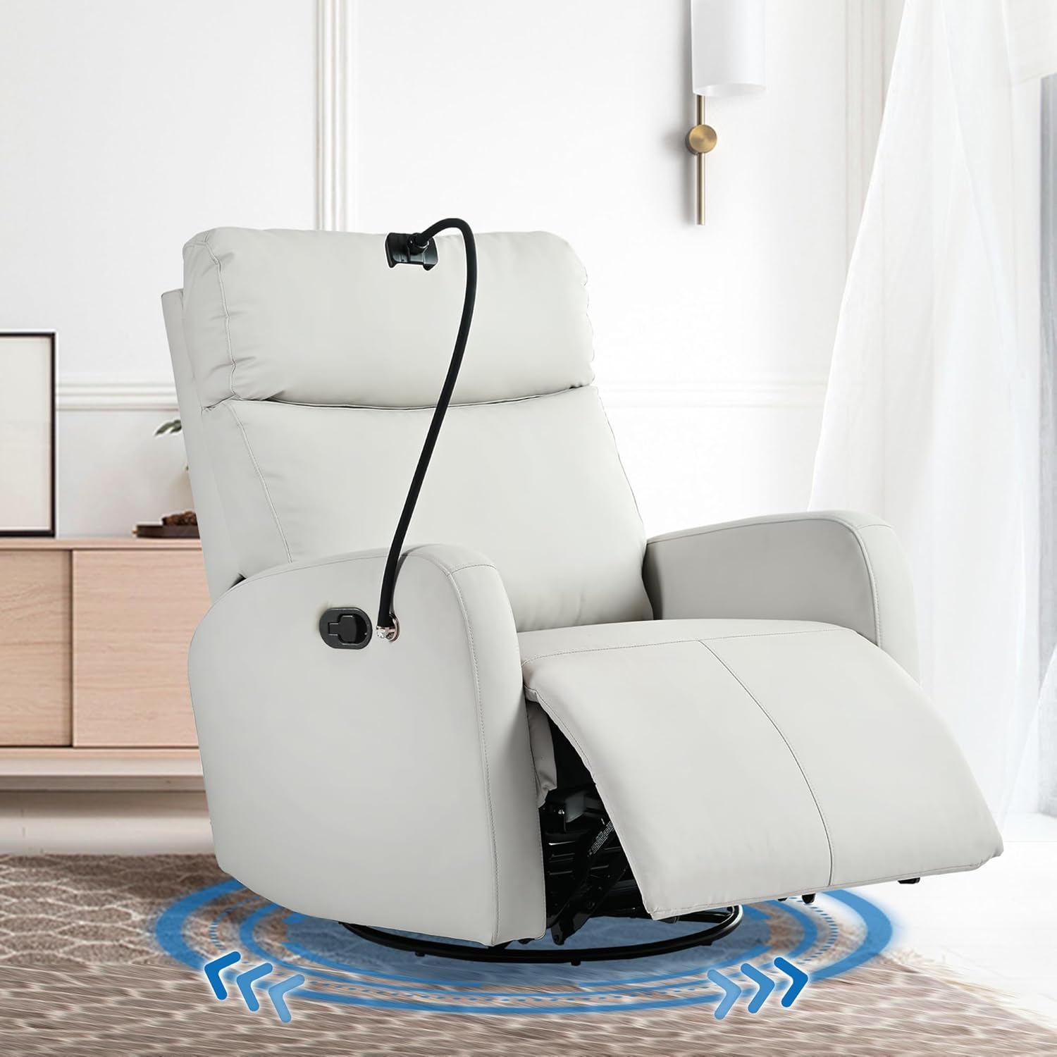Swivel Rocker Recliner,Nursery Glider Recliner,Upholstered Swivel Rocking Recliner Chair with Phone Holder, PU Rocking Reclining Sofa for Living Room