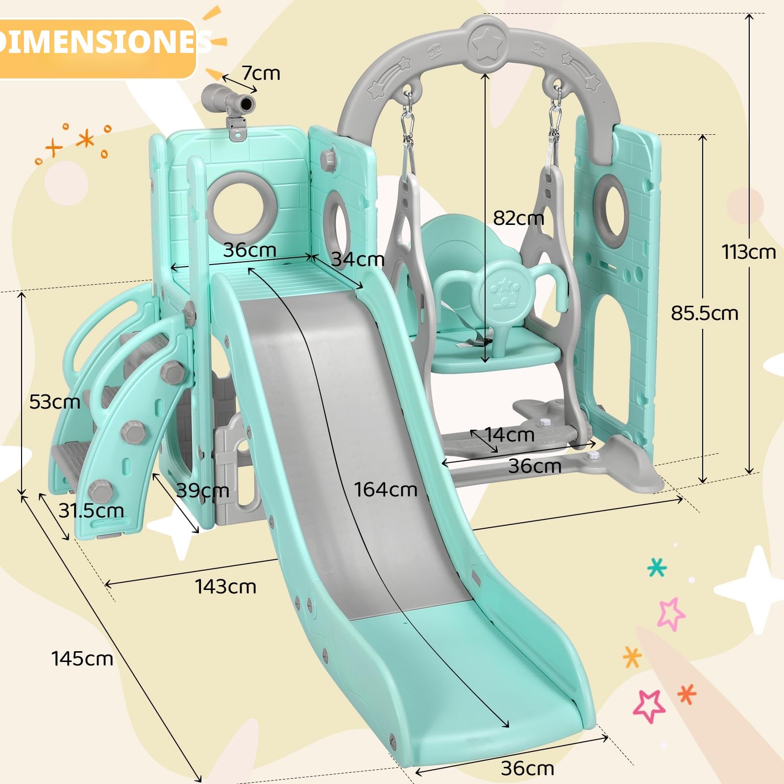 Tobogán y Columpio, Parque Infantil 5 en 1, con Tobogán Largo, Columpio, Escalada, Telescopio de Juego, Almacenamiento, Tobogán para Interior y Exterior, Juego de Tobogán para Bebé, Verde Gris