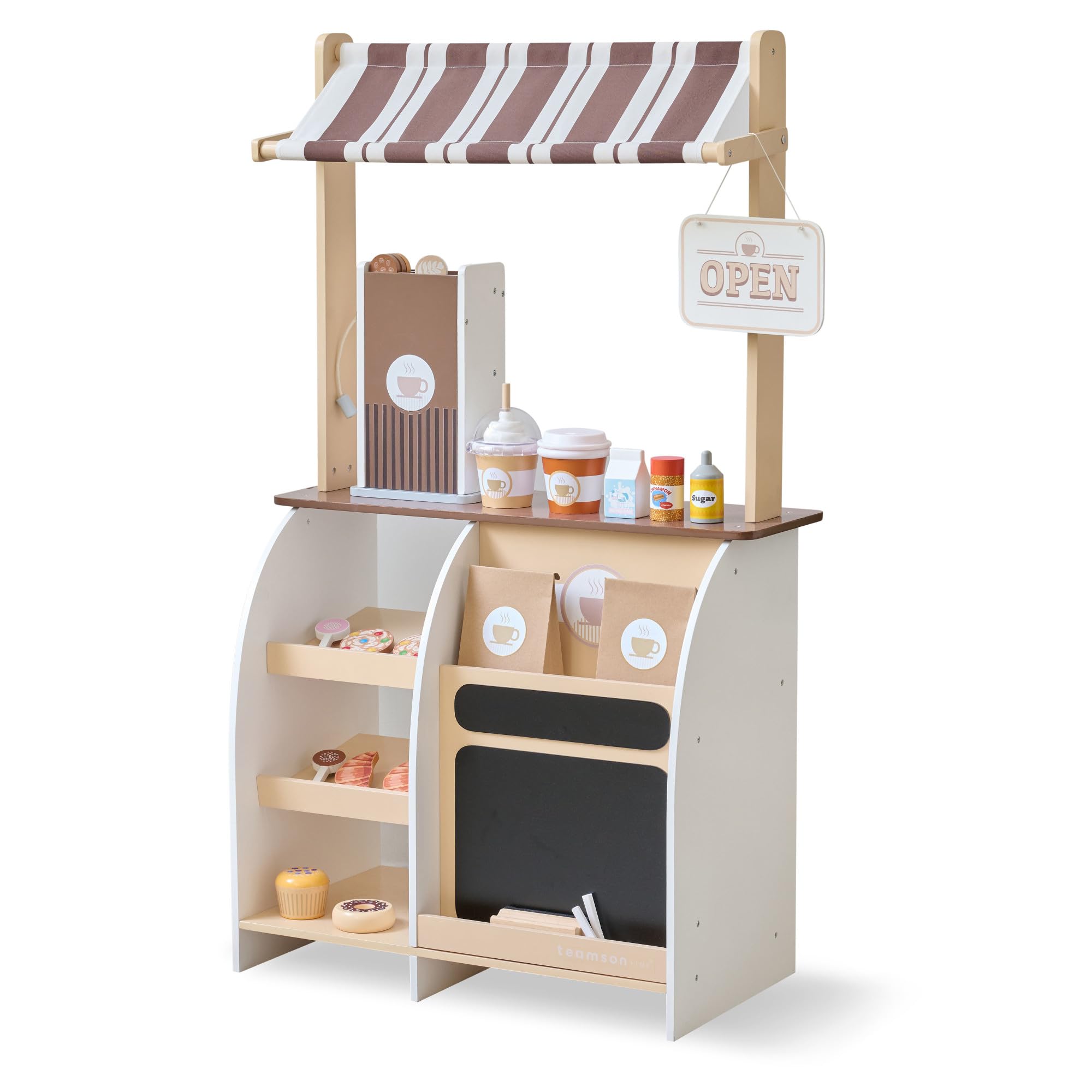 Teamson Kids Espresso Treats Stand café Jouet Bois avec Machine Expresso, pâtisseries, Tasses, Tableau Menu, Panneau Ouvert/fermé, rangements, 29 Accessoires | Machine Expresso, Pâtisseries, Tasses, Tableau Menu, Panneau Ouvert/Fermé