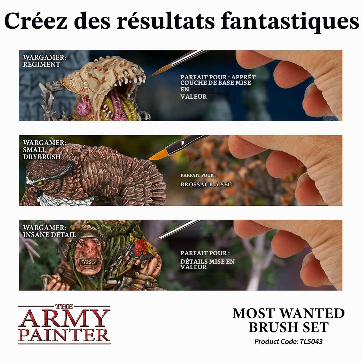 Miniatures Lot de 3 pinceaux miniatures – Détail fou, régiment et petit pinceau à sec – Ensemble de pinceaux de qualité fait à la main en Europe – Wargamer Most Wanted par The Army Painter