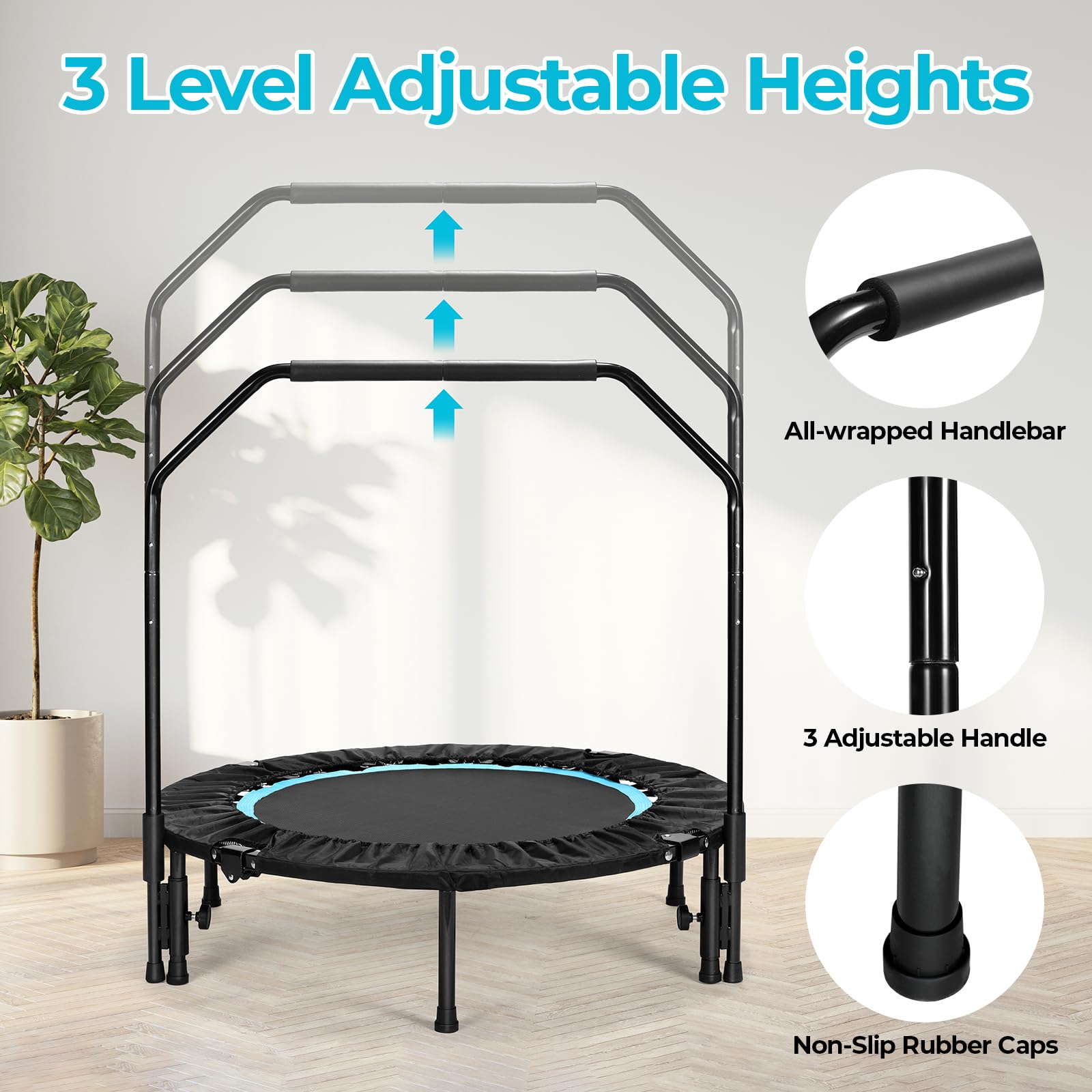 LIFERUN Trampolino fitness per interni, diametro 101 cm, capacità di carico 150 kg, rimbalzo per allenamento, con 3 livelli di maniglia regolabili, mini trampolino per adulti
