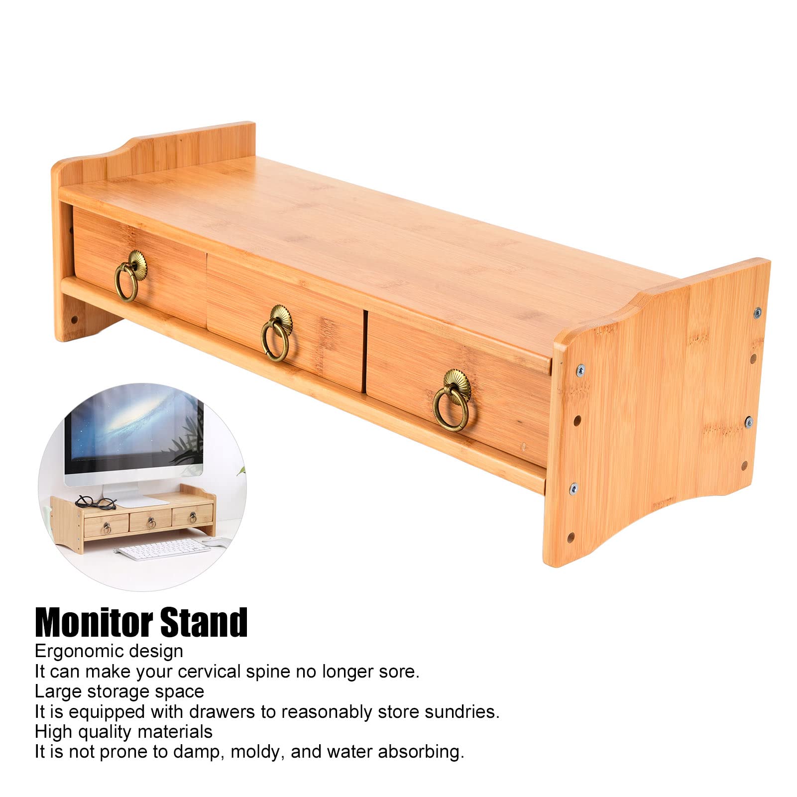 Cocoarm Supporto per Monitor Supporto per Monitor per Computer in Bambù con 3 Cassetti e Backplane 52 X 19 X 15 Cm Rialzo per Laptop Rialzato per Home Office Organizer da Scrivania per Studio (Con