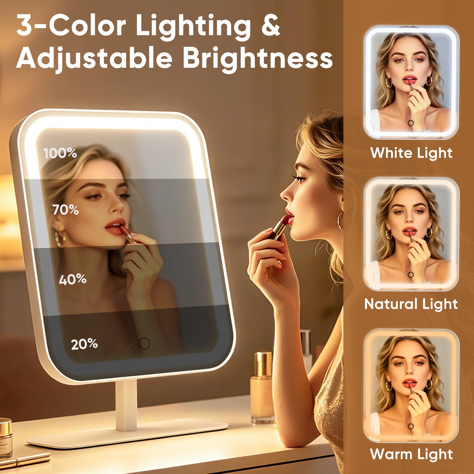 FUNTOUCH Espejo de tocador grande con luces, 4500 mAh, recargable, iluminado con aumento de 30x, 3 luces regulables de color, control táctil, rotación de 360°, regalo para mujer, para dormitorio