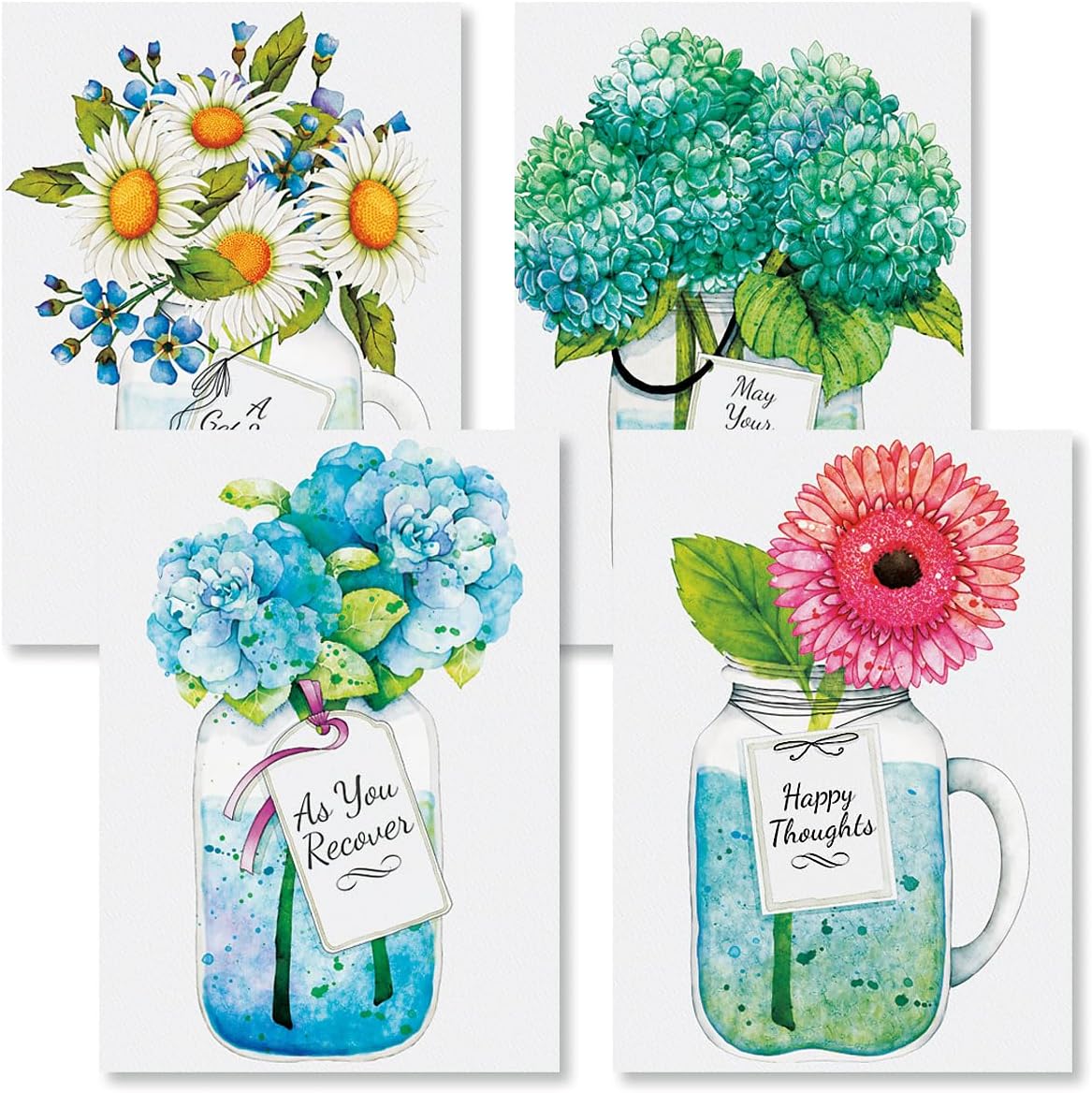 Mason Jar Get Well Greeting Cards - Set of 8 (4 Designs), Large 5 x 7, Sympathy Cards with Sentiments Inside, White Envelopes