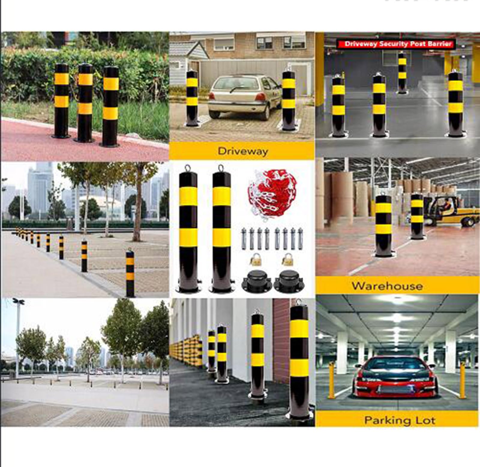 Paquete de 2 con candado – Postes desmontables for entradas vehículos y aceras, 8 puntos anclaje Bolardos estacionamiento acero(550x114mm)