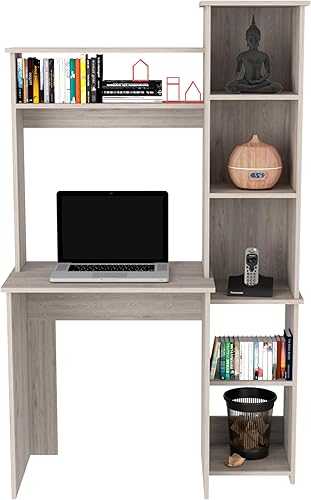 Miniatura 31 de Tuhome Versailles - Escritorio con estantería integrada, 2 estantes superiores de exhibición y almacenamiento lateral de 5 niveles, mesa de Roble