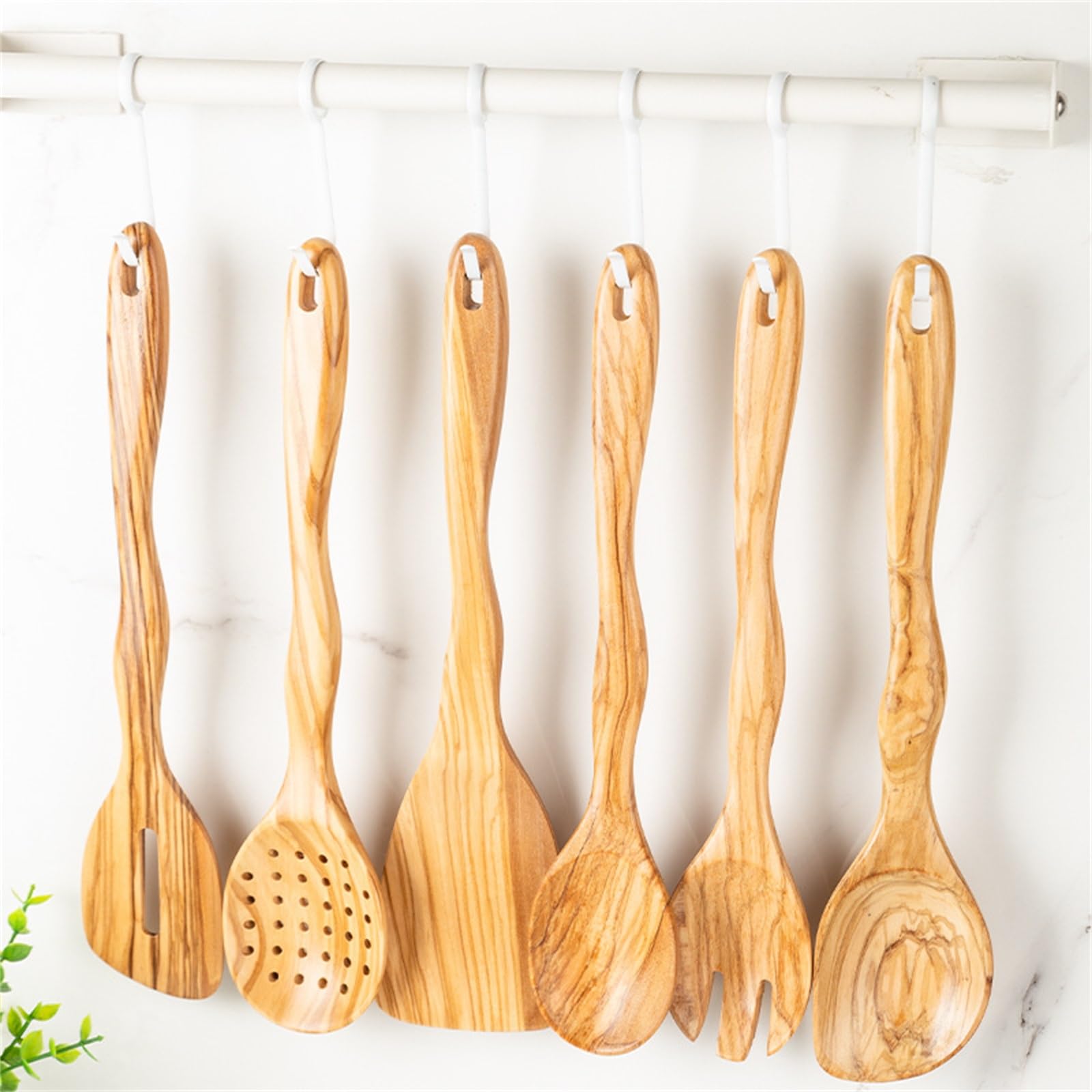 Pala de Madera para Cocina Juego de seis piezas Espátula for saltear Cuchara for sopa for sartén para Cocinar Utensilios de Cocina