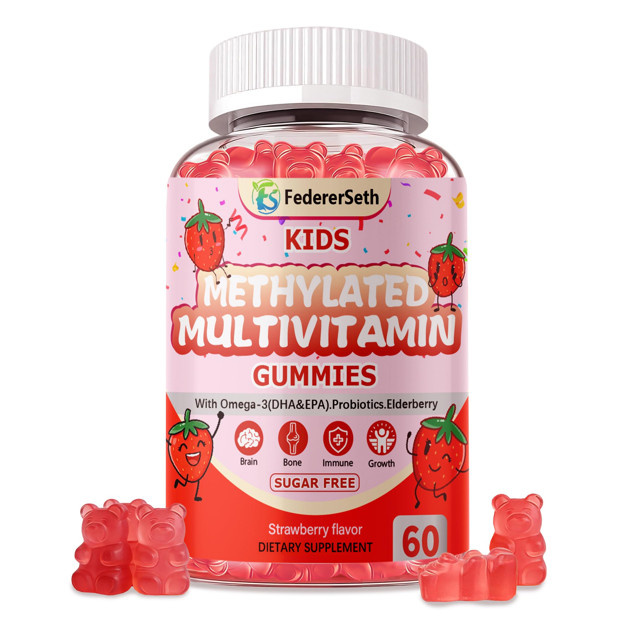 FedererSeth Multivitamínico infantil metilado com ômega 3 DHA/EPA, metilfolato, vitamina B12, probióticos e cálcio D3 K2, 60 gomas