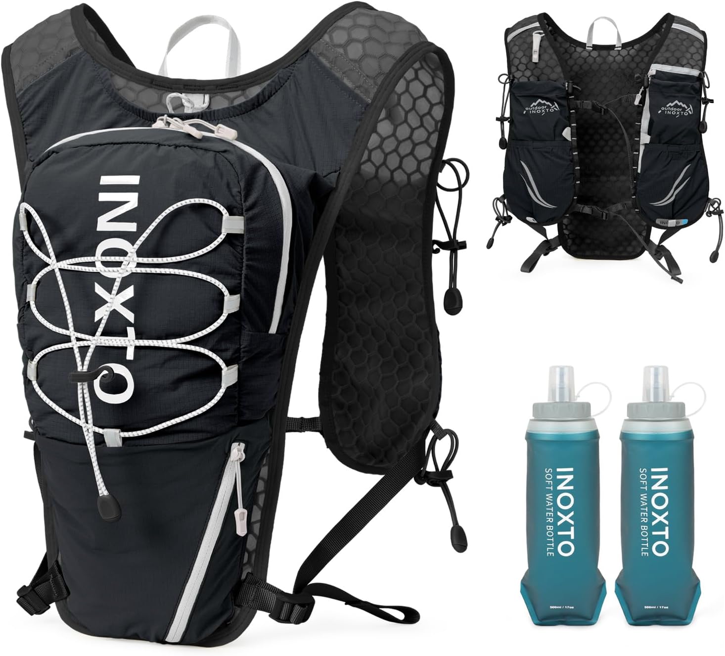 IX INOXTO Running Vest for Women Men, Adjustable Chest Straps Running Hydration Vest with 500ml Soft Flask, Lightweight Breathable Reflective Hydration Backpack for Hiking