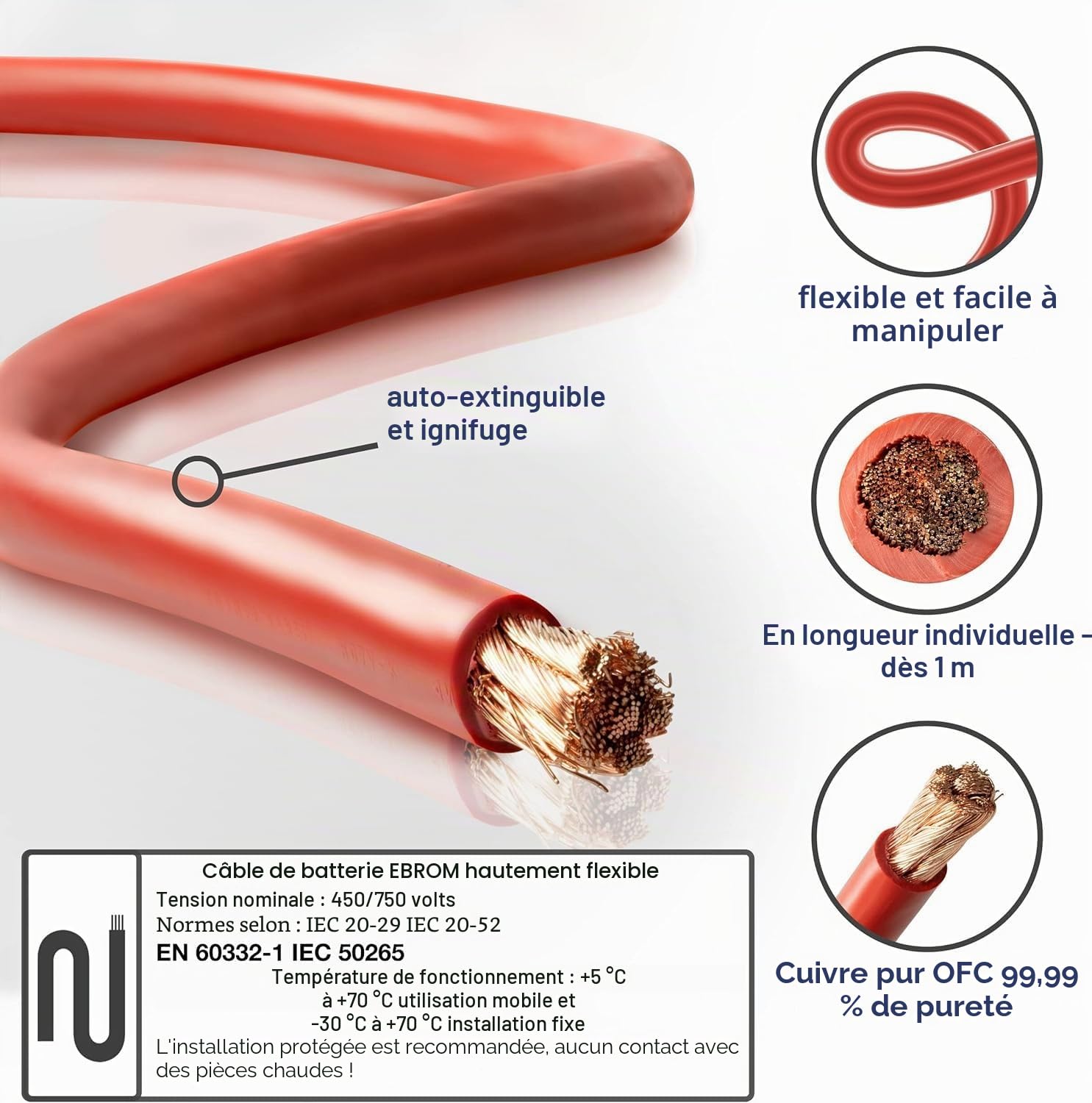 EBROM Câble de batterie très flexible Hi-Flex (Hi Flex) 70 mm² Au mètre en rouge - Très flexible Gaine en PVC (70 ± 5 Shore) 100 % cuivre 70 mm² Comme câble de démarrage, câble de chargement ou autre