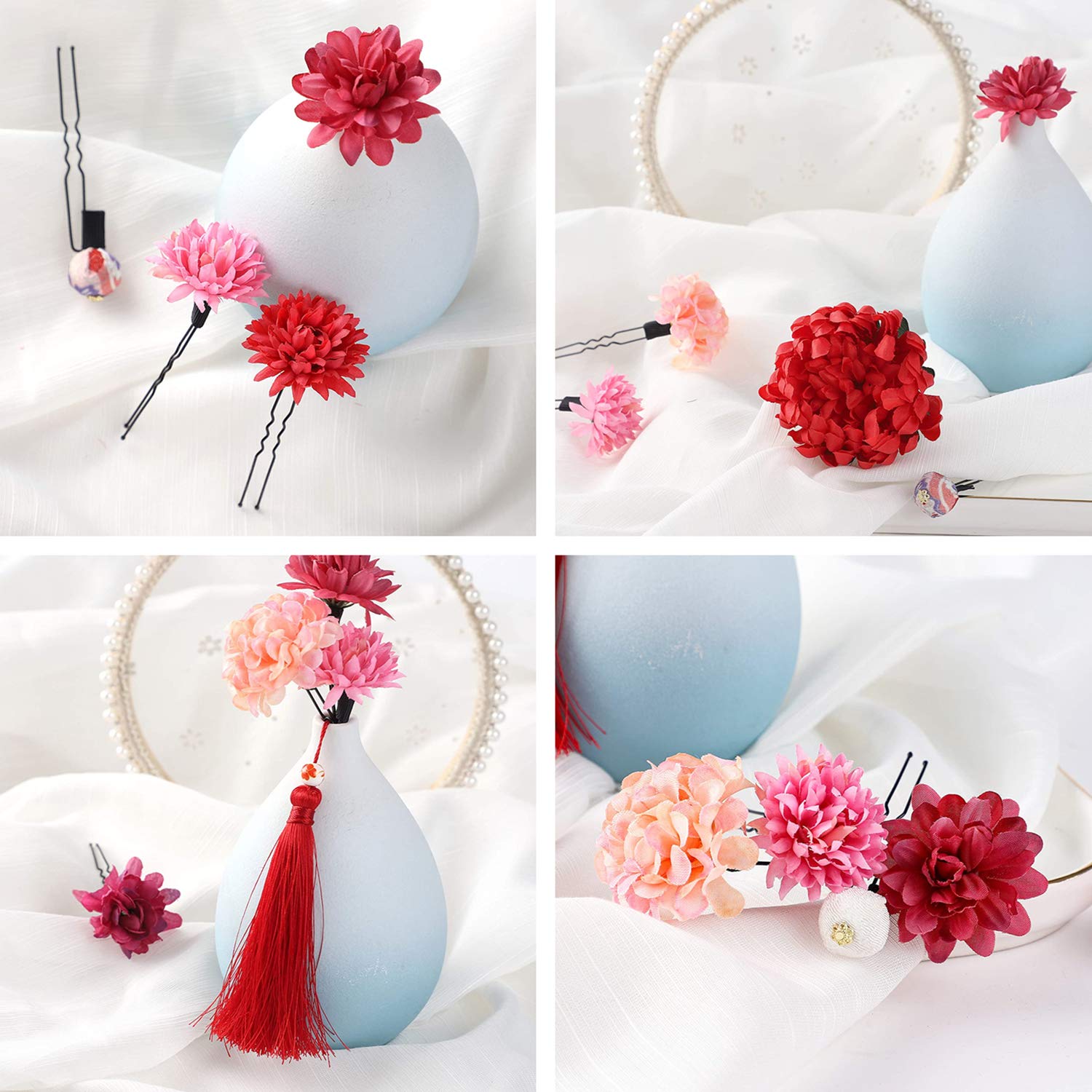 Maiko-Style Hair Ornament Set, 9-Piece Preserved Flowers