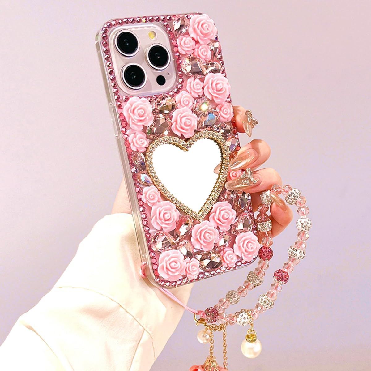 for iPhone 16 Pro Max Glitter Bling Case,Cute 3D Sparkle Heart Makeup Mirror Crystal Rhinestone Flowers Diamond Gems with Lanyard Wrist Strap Women Girls Case for iPhone 16 Pro Max 6.9", Pink - Image 2