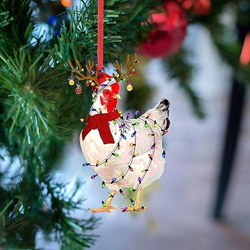 Miniatura 6 de Adornos navideños de pollo, 2025 divertidos gallinas de pollo con bufanda, adornos colgantes de árbol, decoraciones de Navidad para árbol, colgante