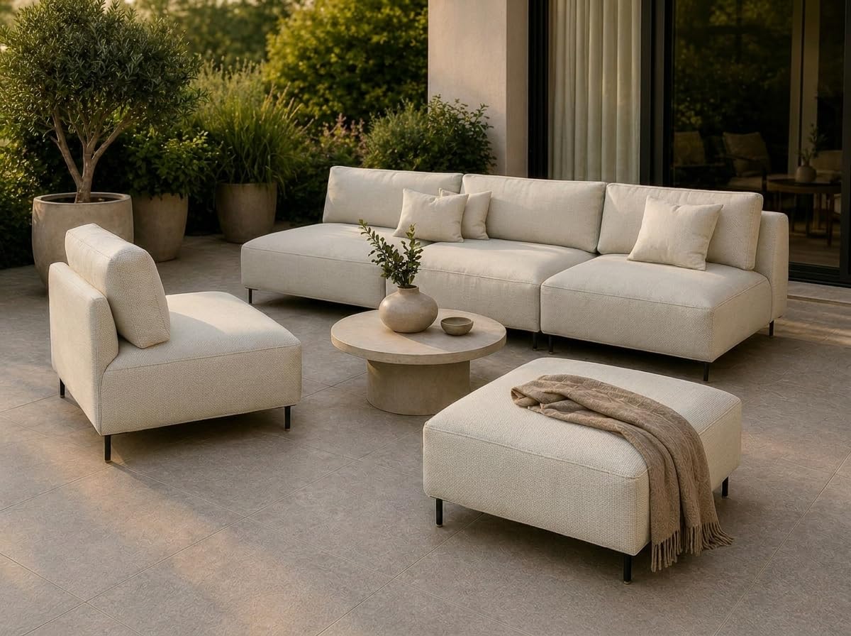 A&J MöbelLand Outdoor Lounge Set Sun mit Sofa, Sessel und Hocker in Creme - Wetterfestes Gartenmöbel Set für Terrasse, Balkon und Garten
