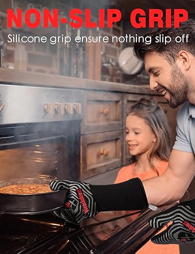 Miniatura 4 de SUMPRO - Guantes de barbacoa caliente resistentes al calor; guantes de cocina profesionales para horno, largos, para parrilla, plancha, ahumador