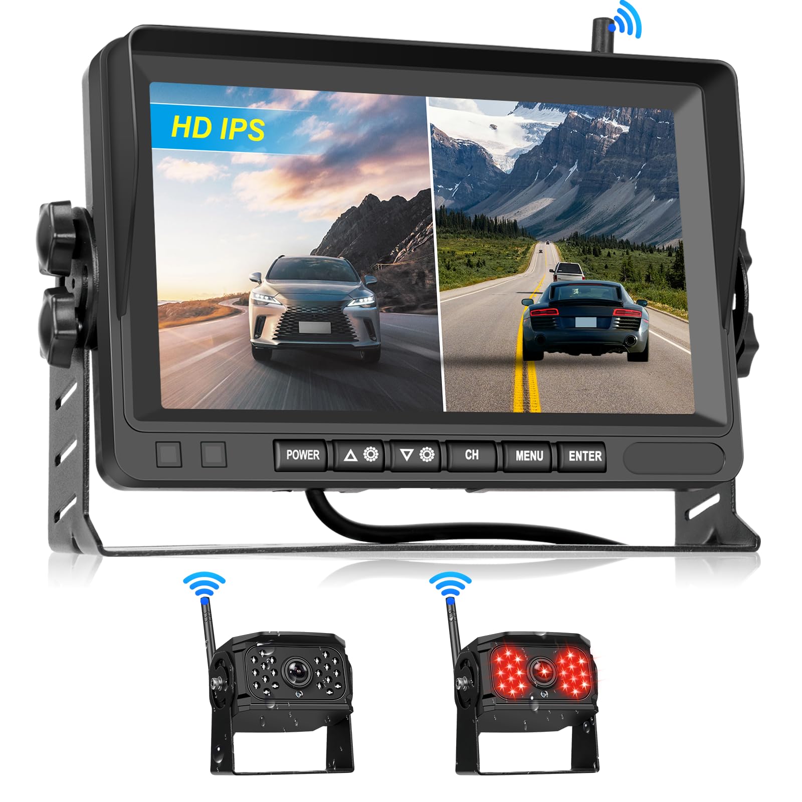 Hodozzy Rückfahrkamera-Set 2 Kameras Digital Kabellos 7 Zoll IPS Bildschirm Monitor Wasserdicht IR LED Nachtsicht Dual Rückfahrkamera Funk Unterstützung Loop Aufnahme 12V-36V für LKW/Wohnmobil/Auto