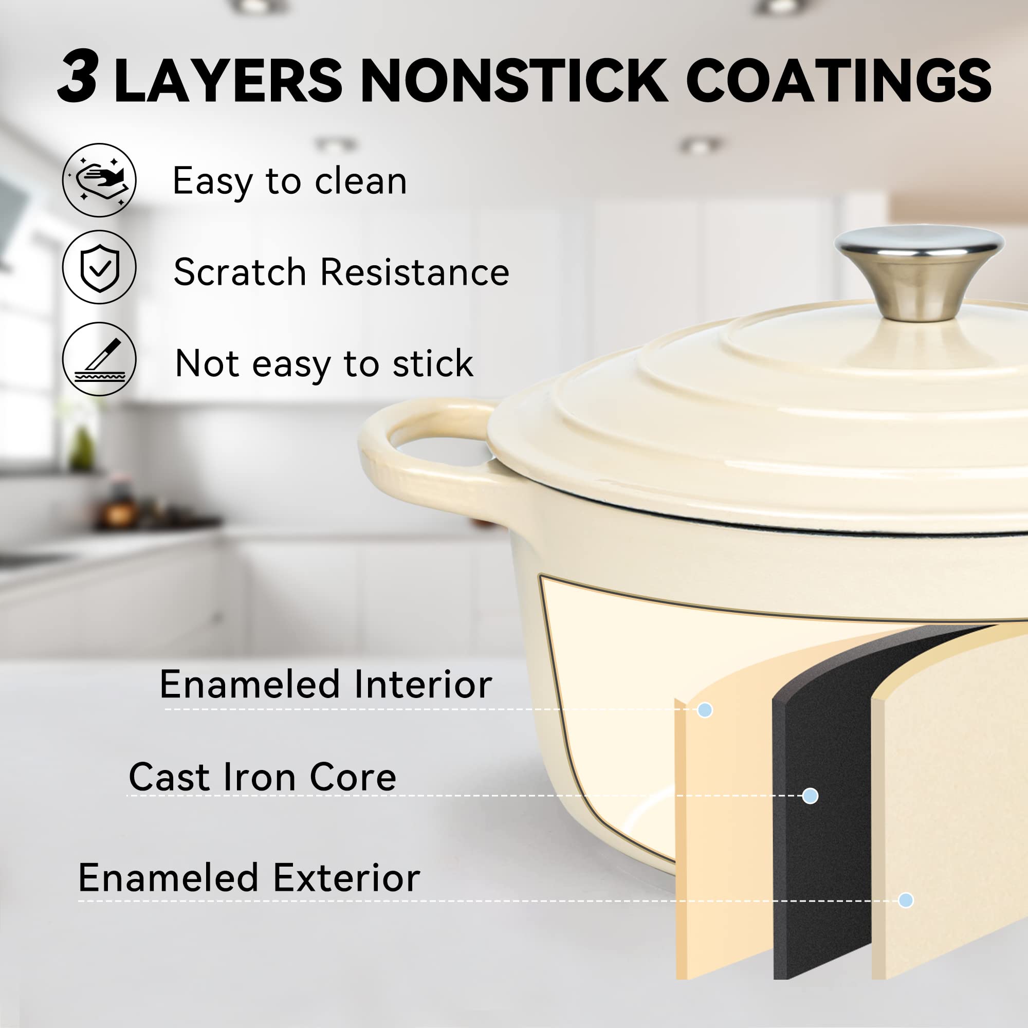Miereirl Pentola da forno olandese smaltata con coperchio, forno olandese in ghisa con doppie maniglie per cuocere il pane, cucinare, pentole antiaderenti rivestite in smalto (beige)