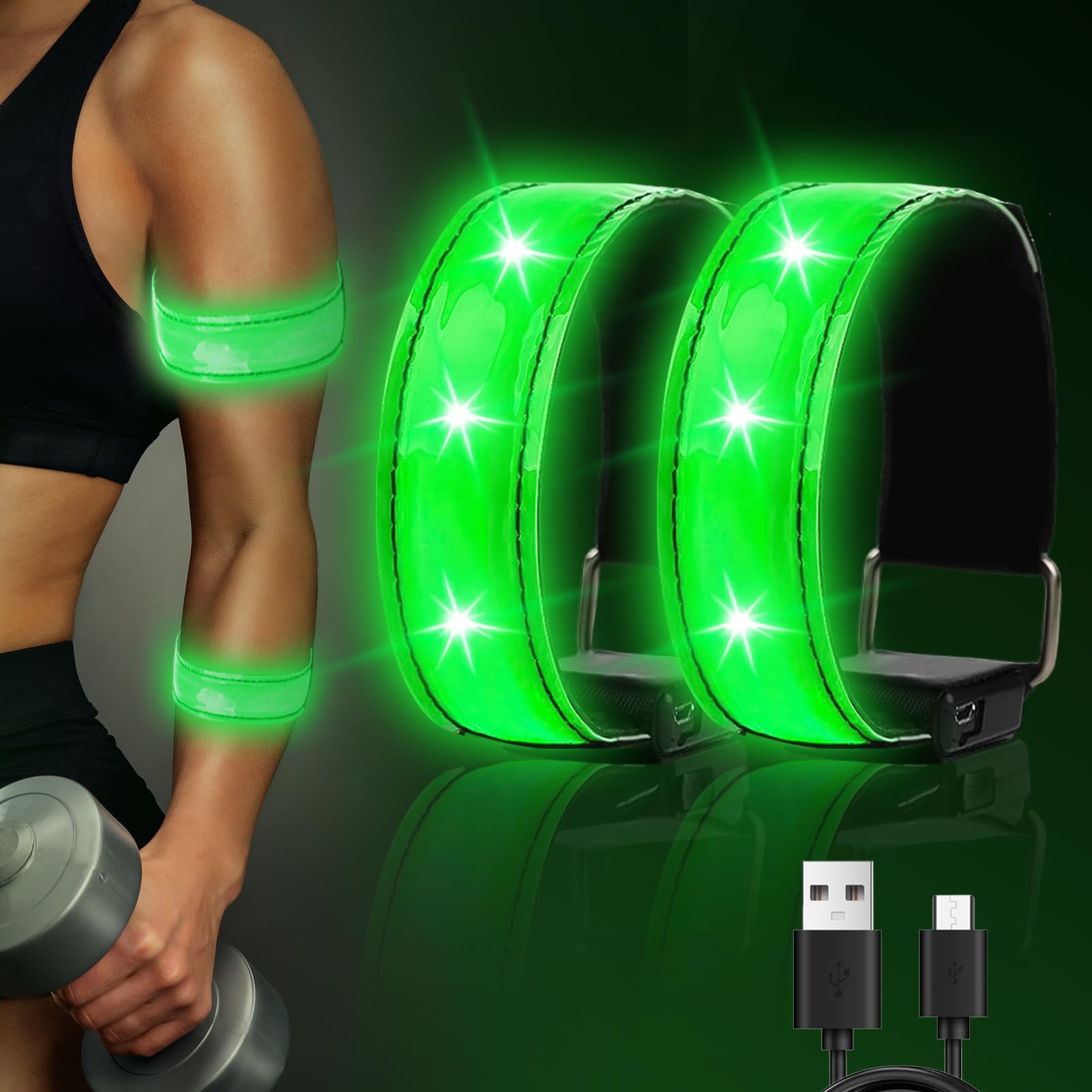 TaimeiMao 2 Pezzi Bande Catarifrangenti, LED Braccialetto Ricaricabile USB, Fascia di Sicurezza ad Alta visibilità, per Ciclismo, Jogging, Escursionismo, Running - Verde