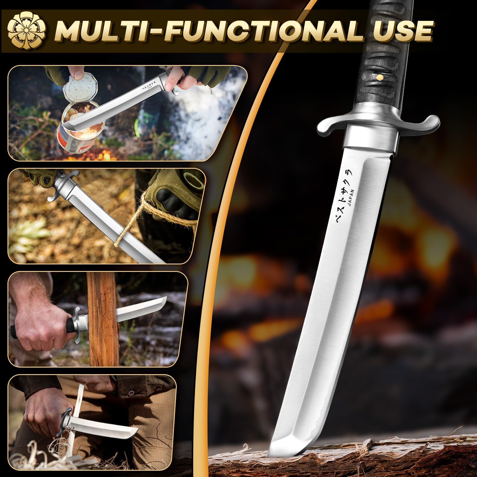 Japaknives Cuchillo de Supervivencia Tanto Japonés para Exteriores Afilado con Funda Acero D2 Hoja Fija de 5 mm de Espesor con Funda Grabada Fénix Coleccionismo Regalo para Hombres