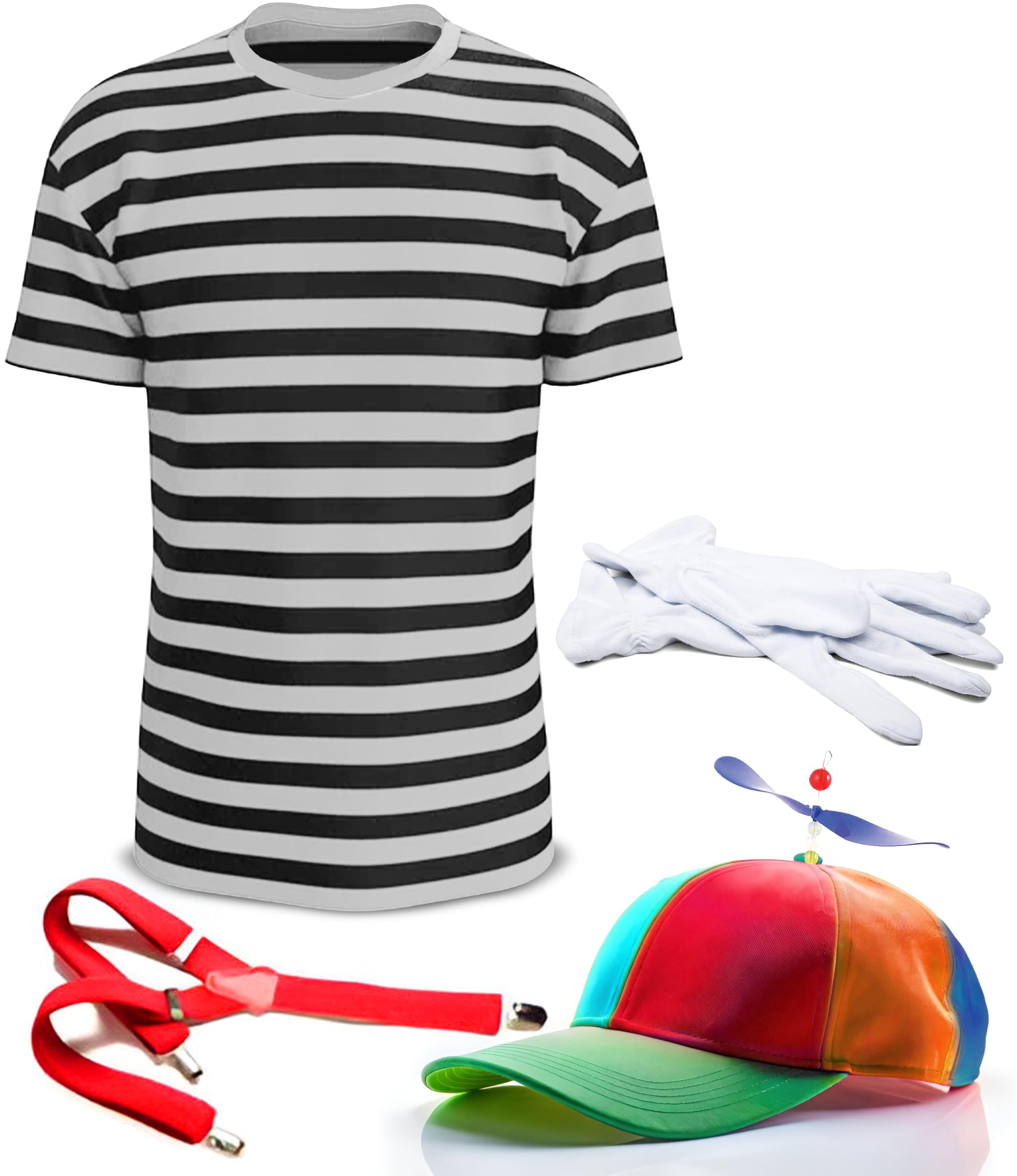 Mega_Jumble Alice in Wonderland Twins Fairy Tale Tweedle Dee or Dum Fancy Dress Costume Set, Black & White Stripe T-Shirt