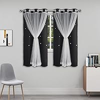 Vista 17 de Lindas cortinas opacas para dormitorio de niñas, diseño estético negro con doble capa con superposición transparente, 45 pulgadas de largo, 2