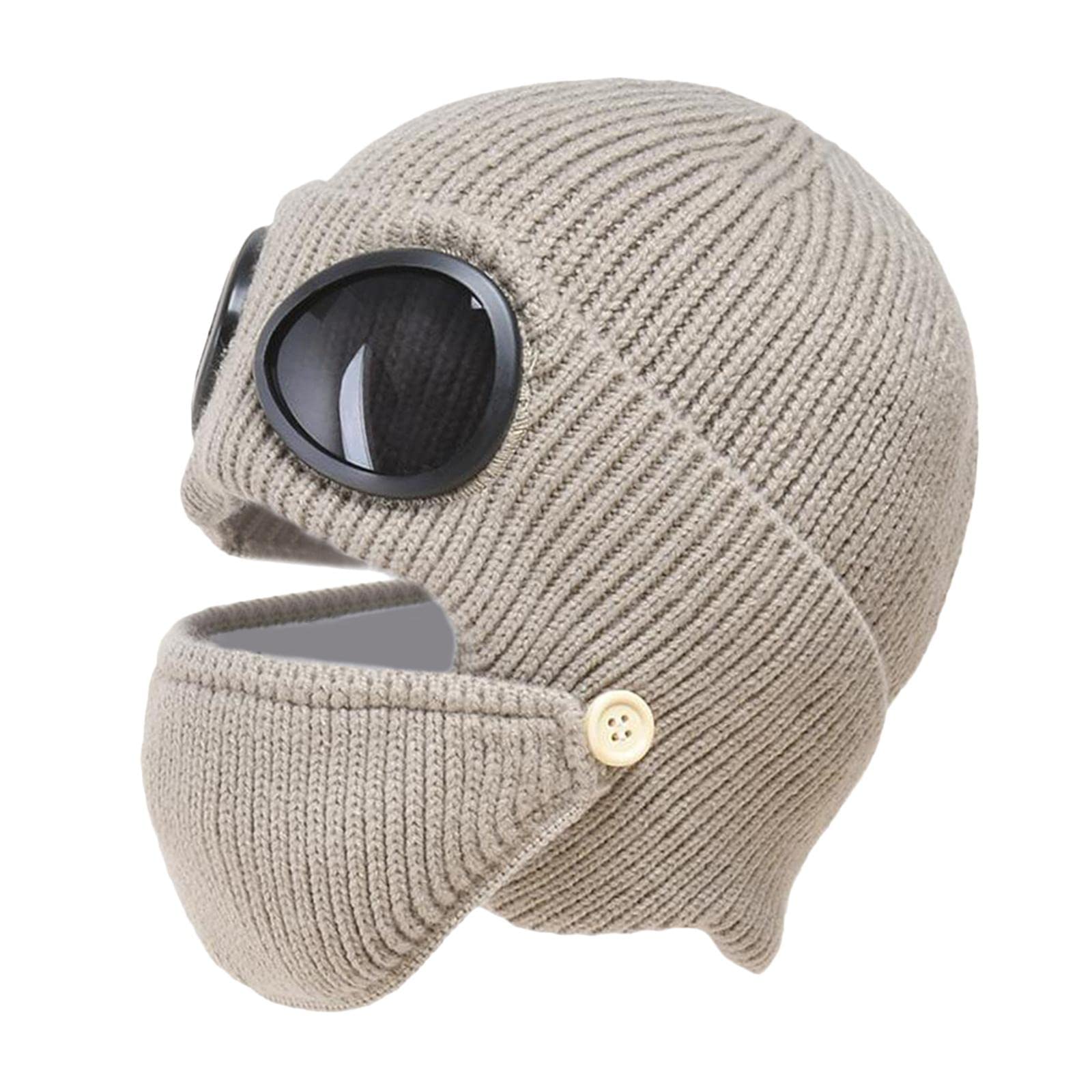 Unisex Wool Knitted Goggles Beanie with Face Mask Set Winter Warm Hat Khaki-image-5