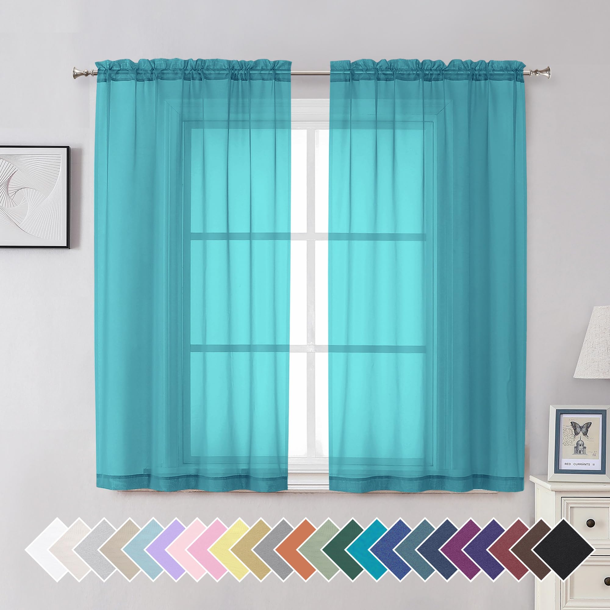 Aiyufeng Turquoise Sheer Curtains 54 Inch Length 2 Panels Set, Light Filtering Airy Rod Pocket Turquoise Window Curtain Treatment Drapes for Kitchen Bedroom Living, Each 42Wx54L Inches — image 1