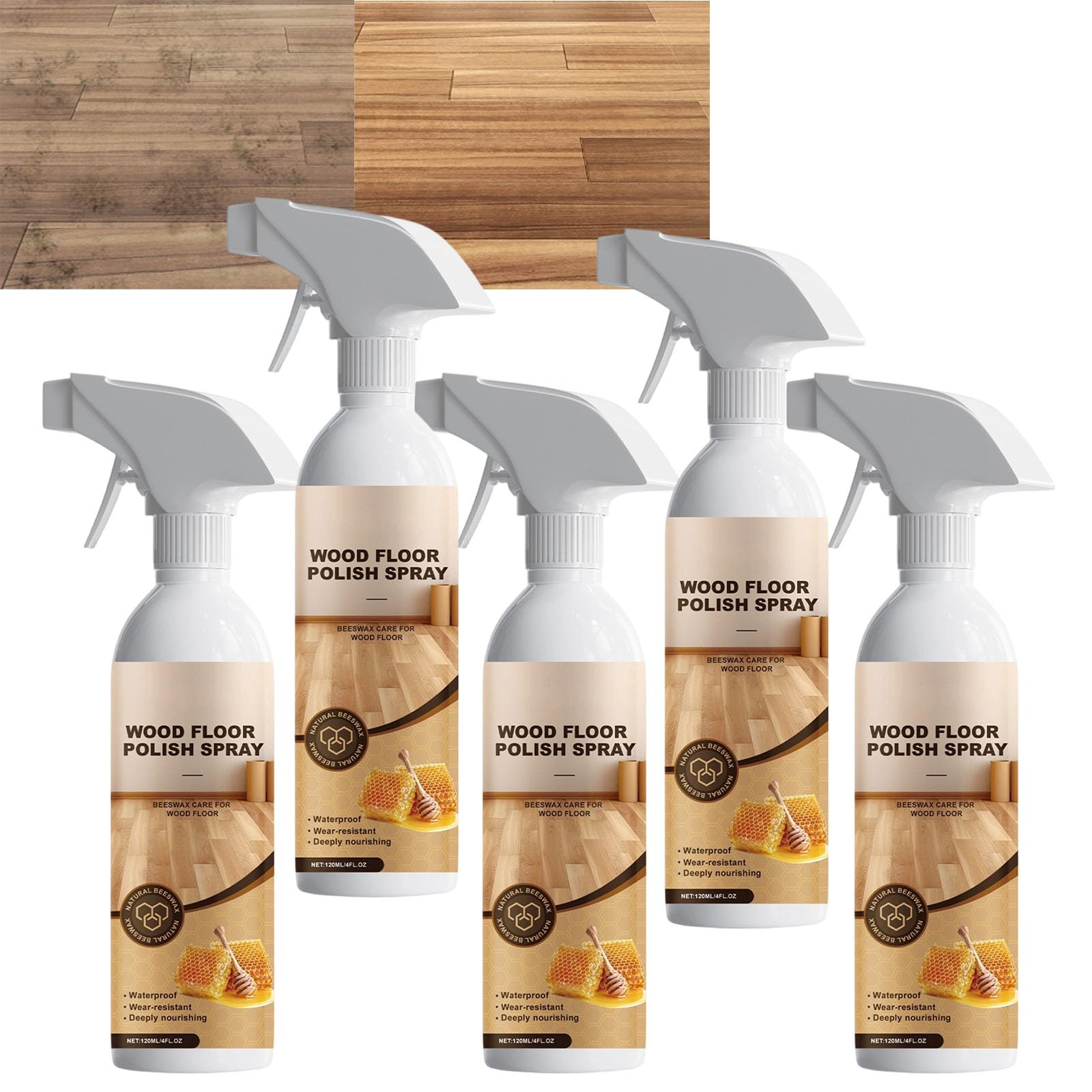 Bienenwachs-Holzboden-Polierspray für Hartholz & Laminat, Bodenrestaurierung & Kratzerreparaturpflege, Holzreiniger und Möbeloberflächen-Glanzverstärker, Schutzfinish für stumpfe Böden (5Pcs)