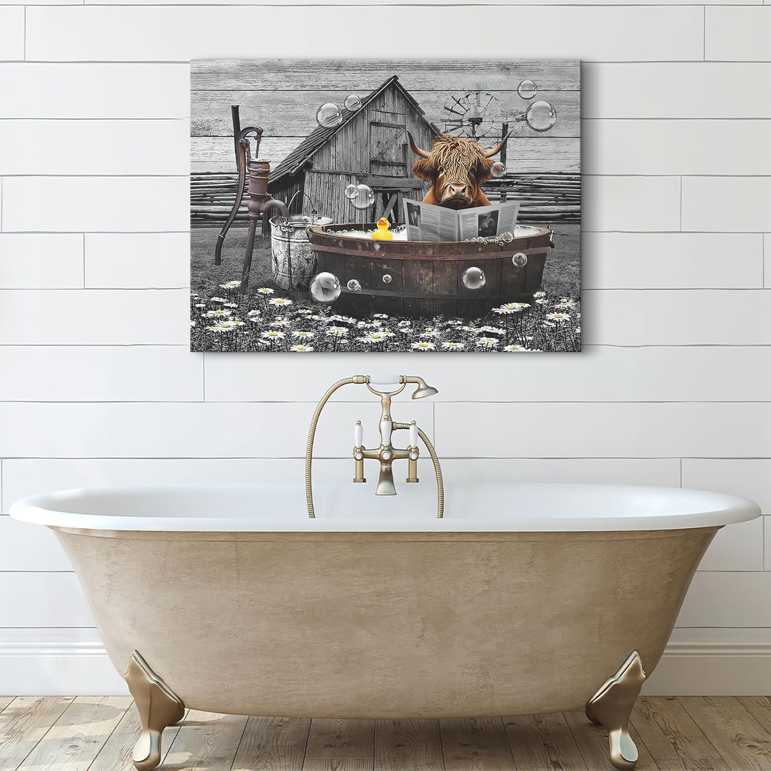 Farmhouse Bathroom Decor Wall Art Highland Cow in Bathtub Reading Newspaper Pictures Rustic Bathroom Funny Cattle Painting for Bathroom Toilet Artwork Framed 12"x16"