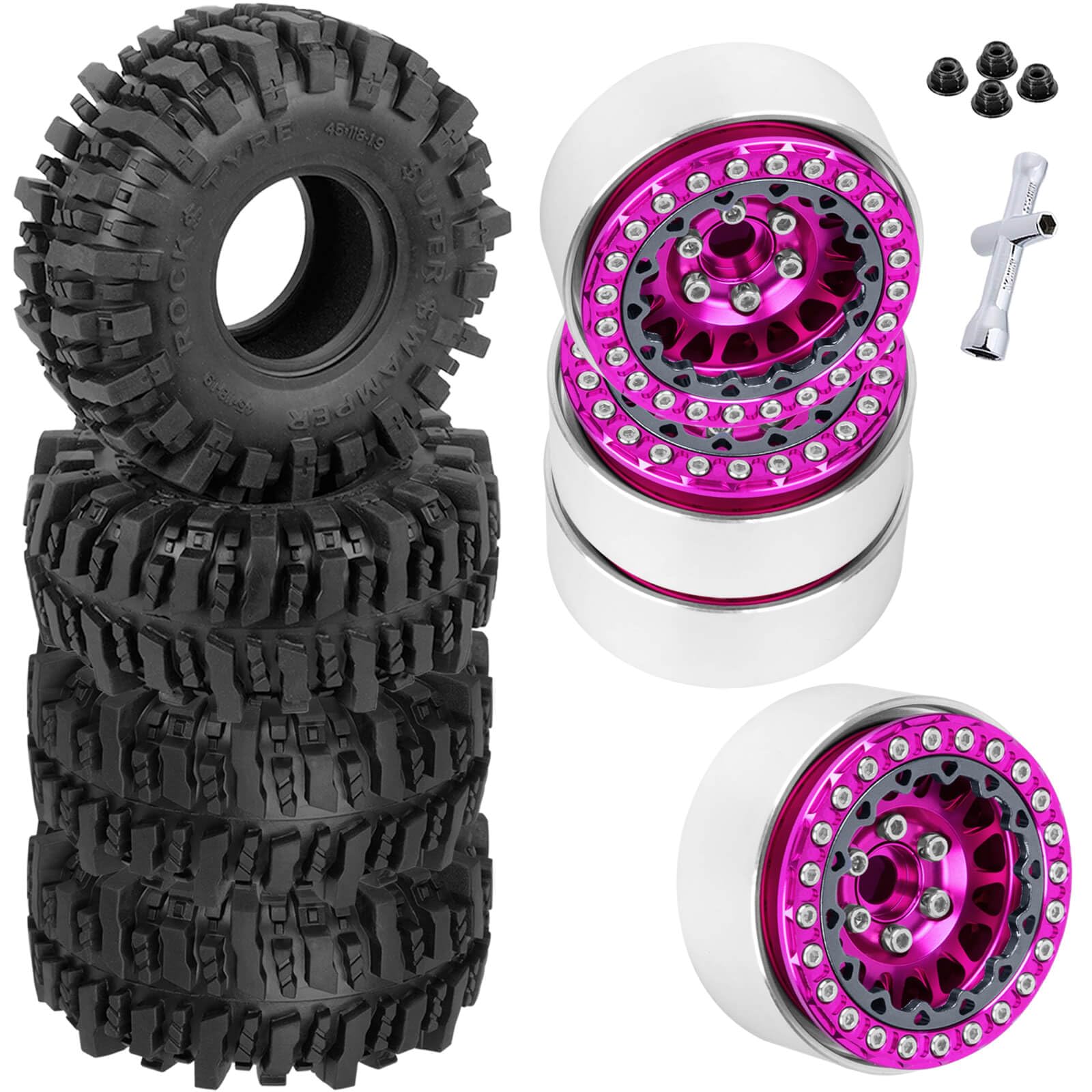 BRCatWPark RC 1.9 Beadlock Wheels and Tires for 1/10 TRX4 TRX6 SCX10 SCX10 II 90046 SCX10 III AXI03007 SCX10 Pro Gen7/8 D90 VS4-10 MST CFX RC Crawler Car,4PCS Beadlock Rims 1.9 Wheel Tires,Pink — image 1