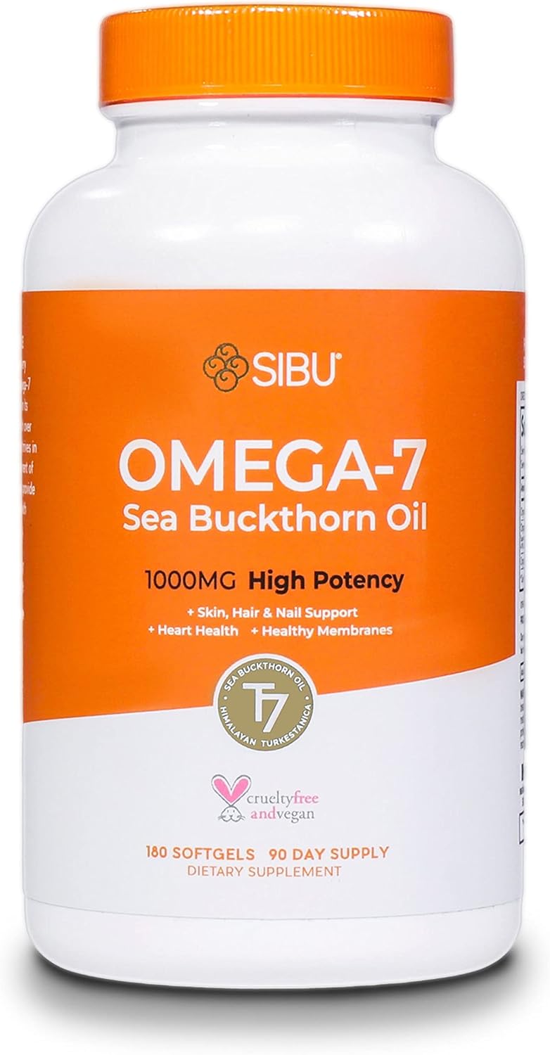 sibu Omega-7 Softgels, Premium Organic Himalayan Sea Buckthorn Oil (180ct), 365mg Omega-7 Per Dose Guaranteed – Supplement for Healthy Skin, Hair, Nails and Dryness