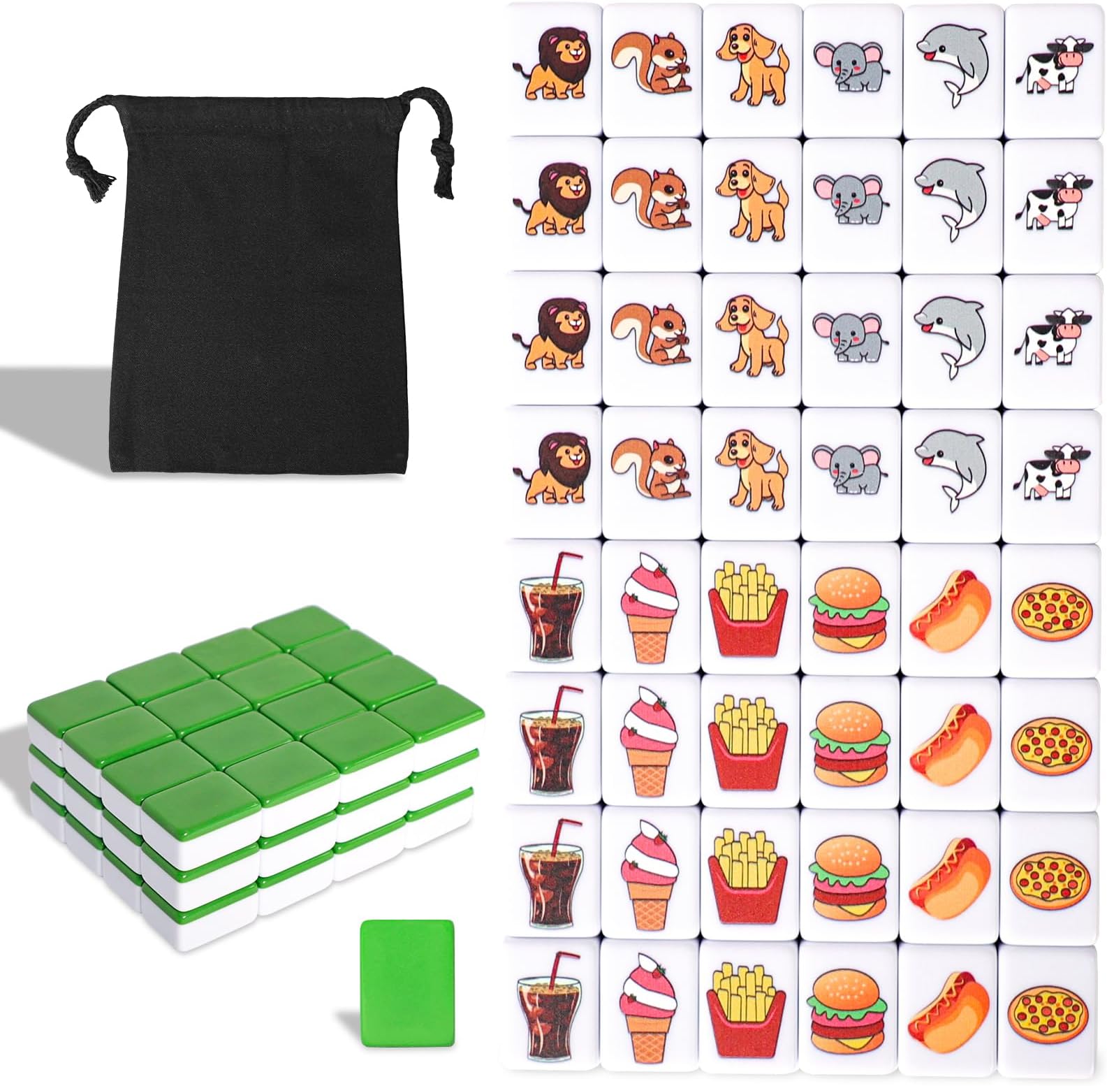 2 Players Mahjong Block Set, Mahjong Tile Game with 49 Premium Green Tiles(30mm) Animal and Food Pattern, Portable Mahjongg Set with A Carry Bag