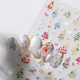 1Sheet 5D Embossed Rainbow Xmas Tree Nail Art Stickers Self-Adhesive Colorful Christmas Nail Decals with Rhinestones Charms Designs Nail Stickers Bow Snowflake Nail Decal for Women Nail Decoration