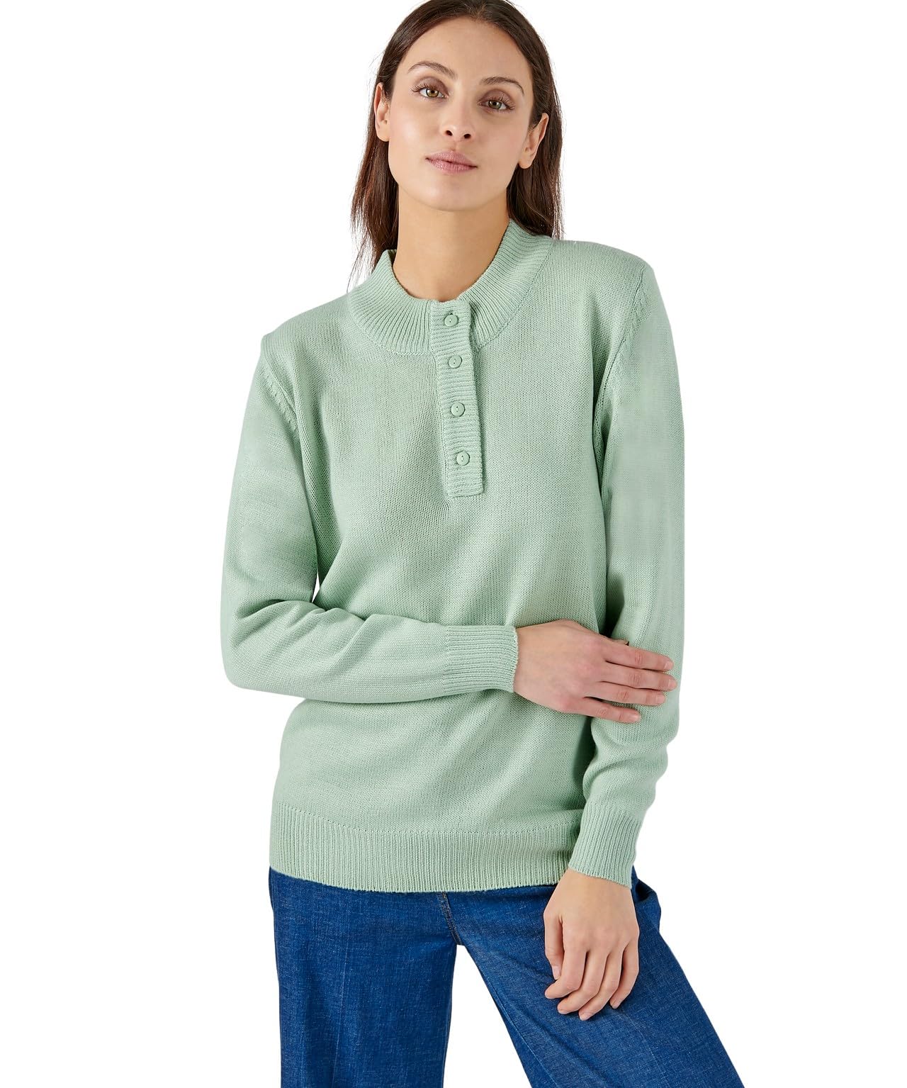 Damart Button-Neck Jumper Women Tunisian Collar Long Sleeves Green