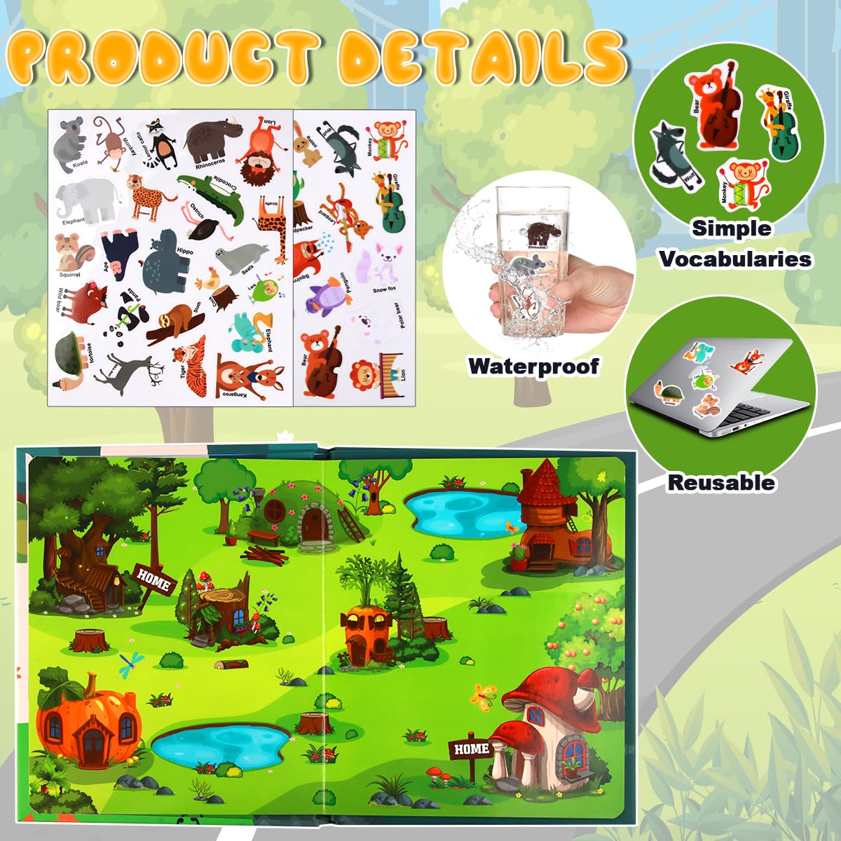 LEADSTAR Riutilizzabile impermeabile Sticker Libri Giocattoli per bambini,10 Pezzi Stickers Bambini Attacca Stacca,Giochi da Vaggio Creativi per Bambini e Bambine di 2 3 4 5 6 Anni,Educativo Regalo