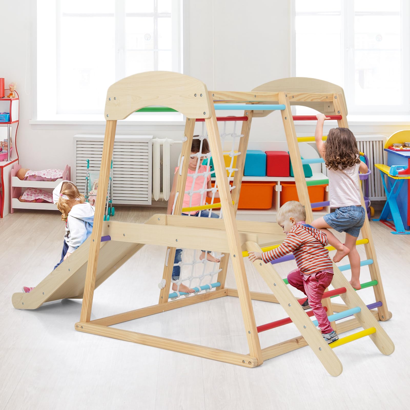 COSTWAY 6 in 1 Set Arrampicata per Bambini, Palestra in Legno con Barre di Scimmia Scivolo Corda e Scale in Legno, Parco Giochi per Bambini 1+ Anni (Colorato)