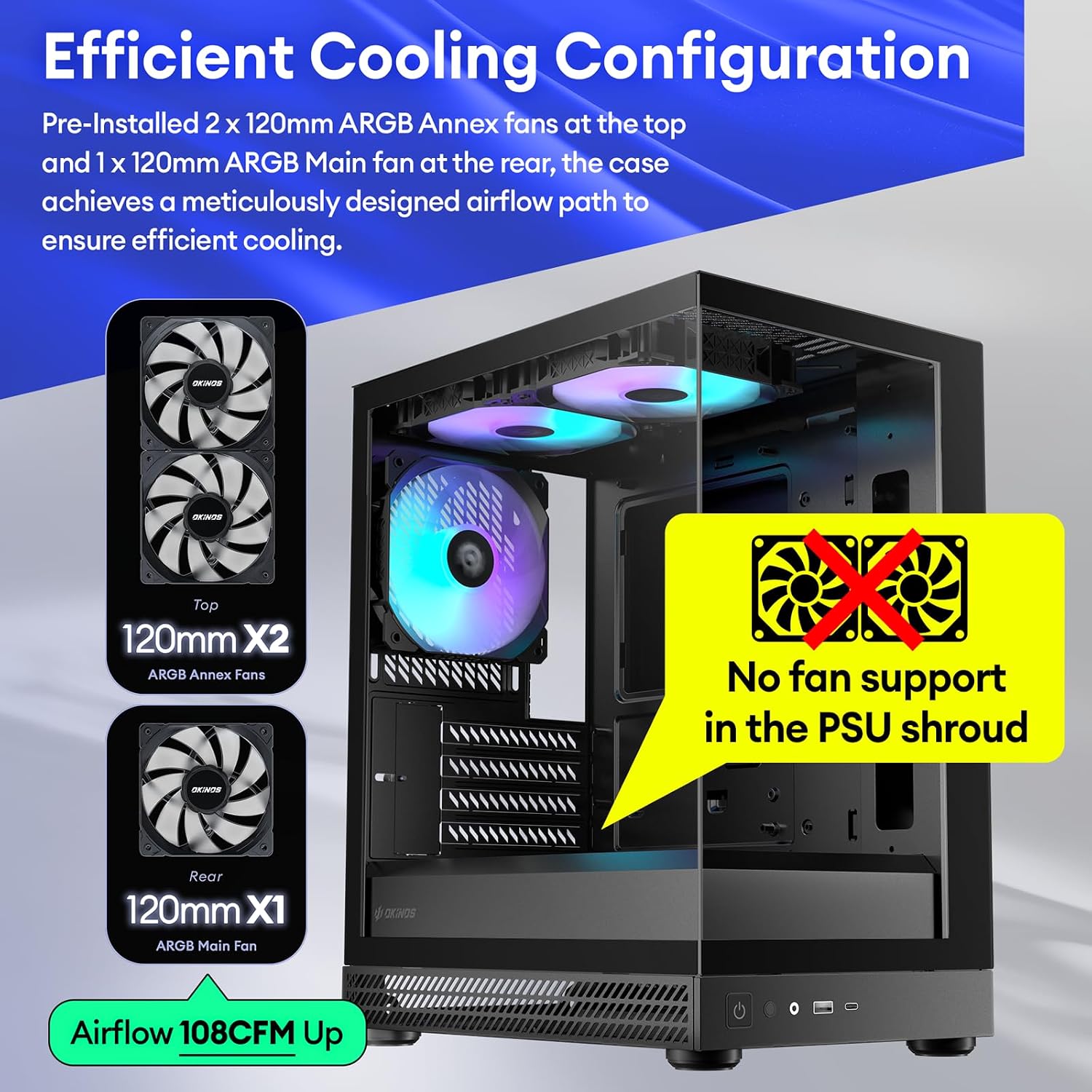 Okinos Aqua UNO Micro ATX Case, No Radiator Support, Max GPU Length 309mm, Quick-Release Panoramic Tempered Glass Front & Side, 3x120mm ARGB Fans Pre-Installed, Type-C 5Gbps, Black