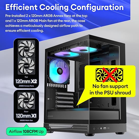 Okinos Aqua UNO Micro ATX Case, No Radiator Support, Max GPU Length 309mm, Quick-Release Panoramic Tempered Glass Front & Side, 3x120mm ARGB Fans Pre-Installed, Type-C 5Gbps, Black