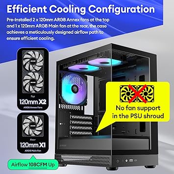 Okinos Aqua UNO Micro ATX Case, No Radiator Support, Max GPU Length 309mm, Quick-Release Panoramic Tempered Glass Front & Side, 3x120mm ARGB Fans Pre-Installed, Type-C 5Gbps, Black