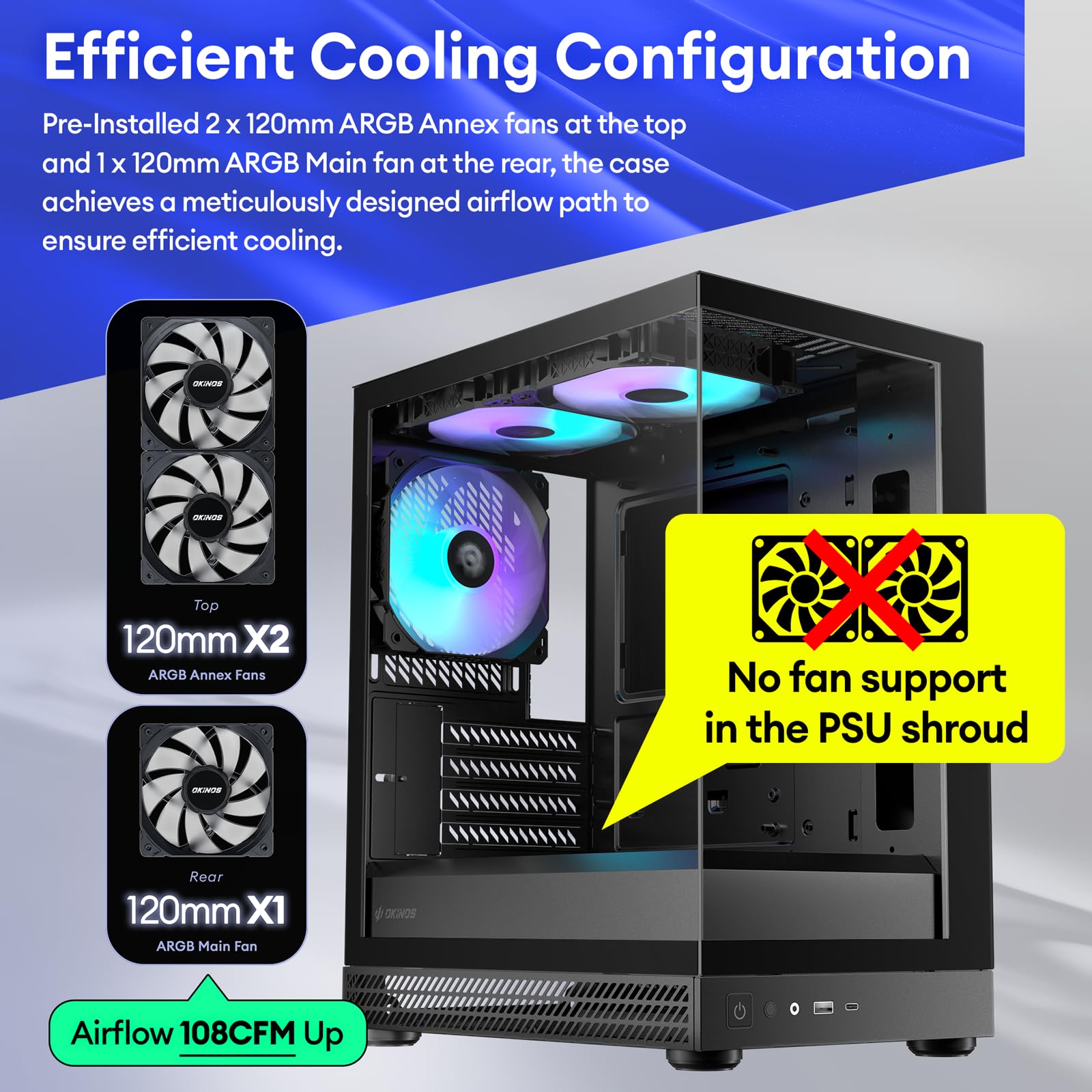 Okinos Aqua UNO - Custodia Micro ATX, senza supporto per radiatore, lunghezza massima GPU 309 mm, frontale e laterale in vetro temperato panoramico a sgancio rapido, ventole ARGB 3 x 120 mm