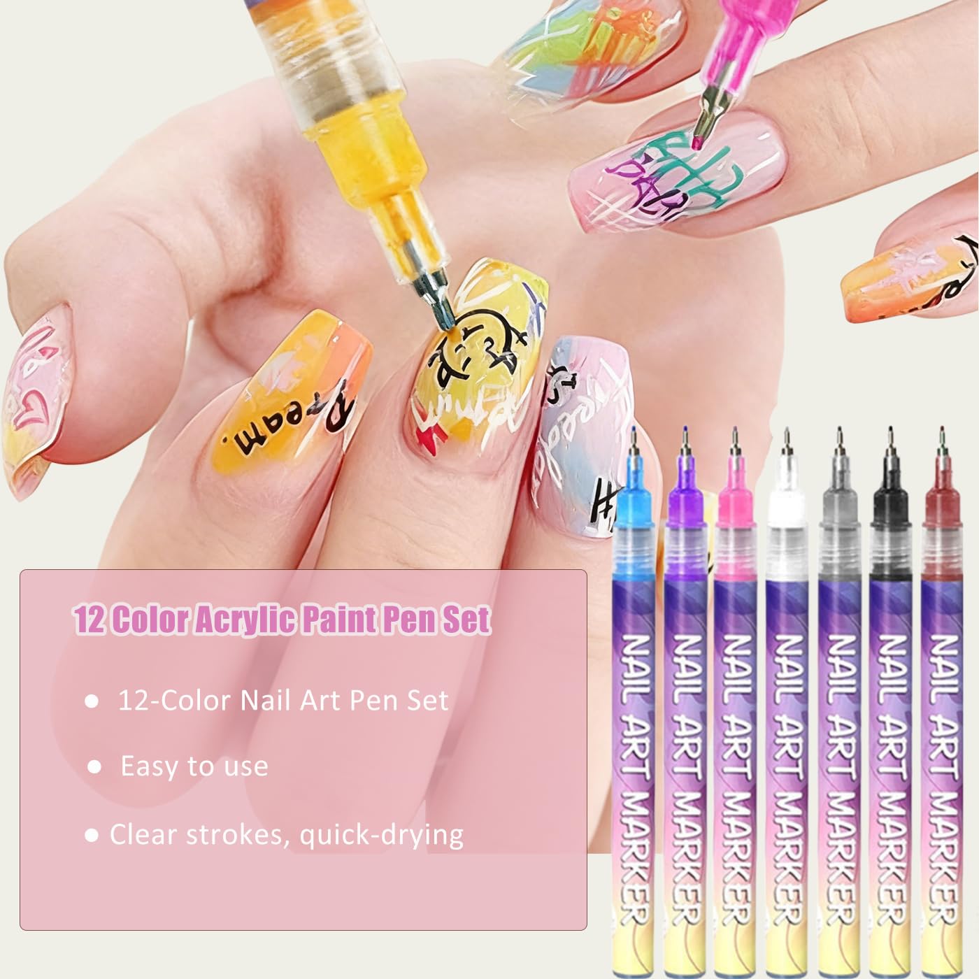 12 Colors Nail Art Pens Set, Nail Art Markers Polish Pens, Quick-Drying Acrylic Nail Paint Point Dotting Liner Pen Tools for Home & Salon Manicure DIY