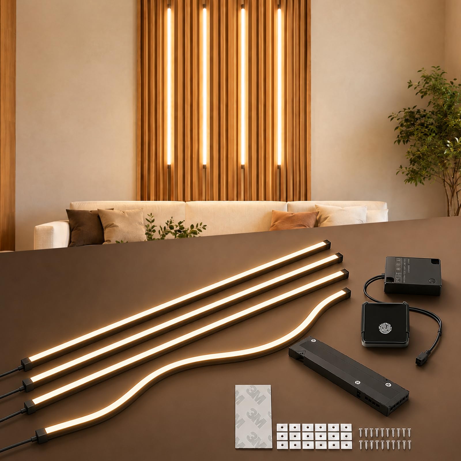 Illuminazione Per Pannelli Acustici, Dimmerabile Tagliabile LED Integrato 4 Strisce LED Bianco Caldo 150Cm Con Sensore Touch Facile Installazione Per Pannelli Acustici Mensole Armadi