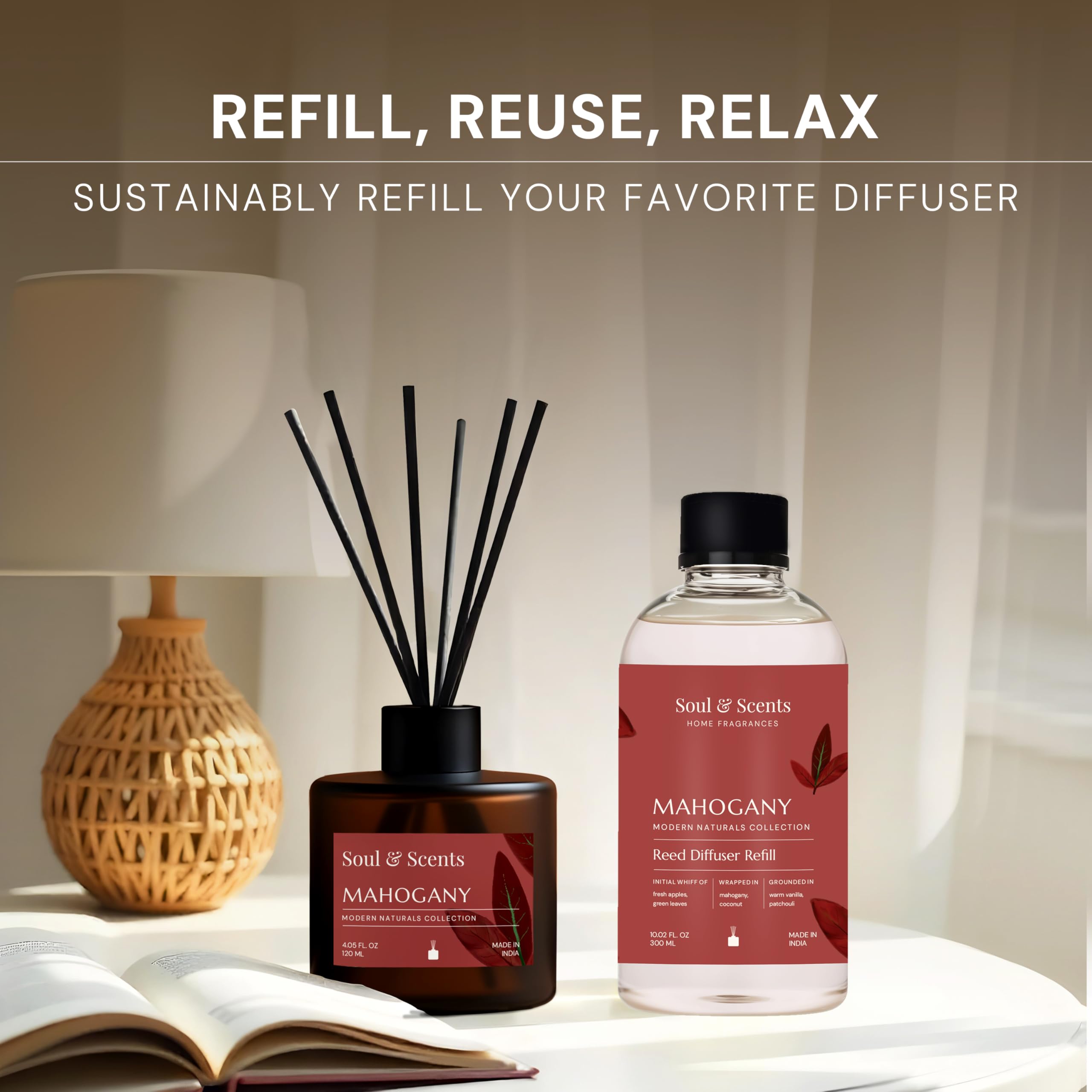 Soul & Scents Reed Diffuser Refill for Mahogany Fragrance | Free 12 Fiber Reed Sticks | Long Lasting | Smoke Less Room Freshener for Home, Bedroom, Living Room & Office | 300ml 2